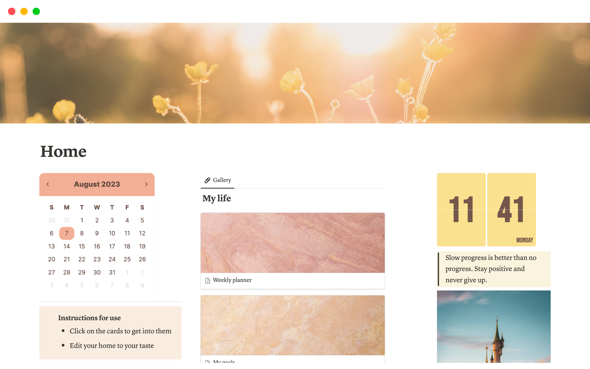 A cozy homepage in which you will found a weekly planner, a goals scheduler, a bullet journal and a habits tracker.