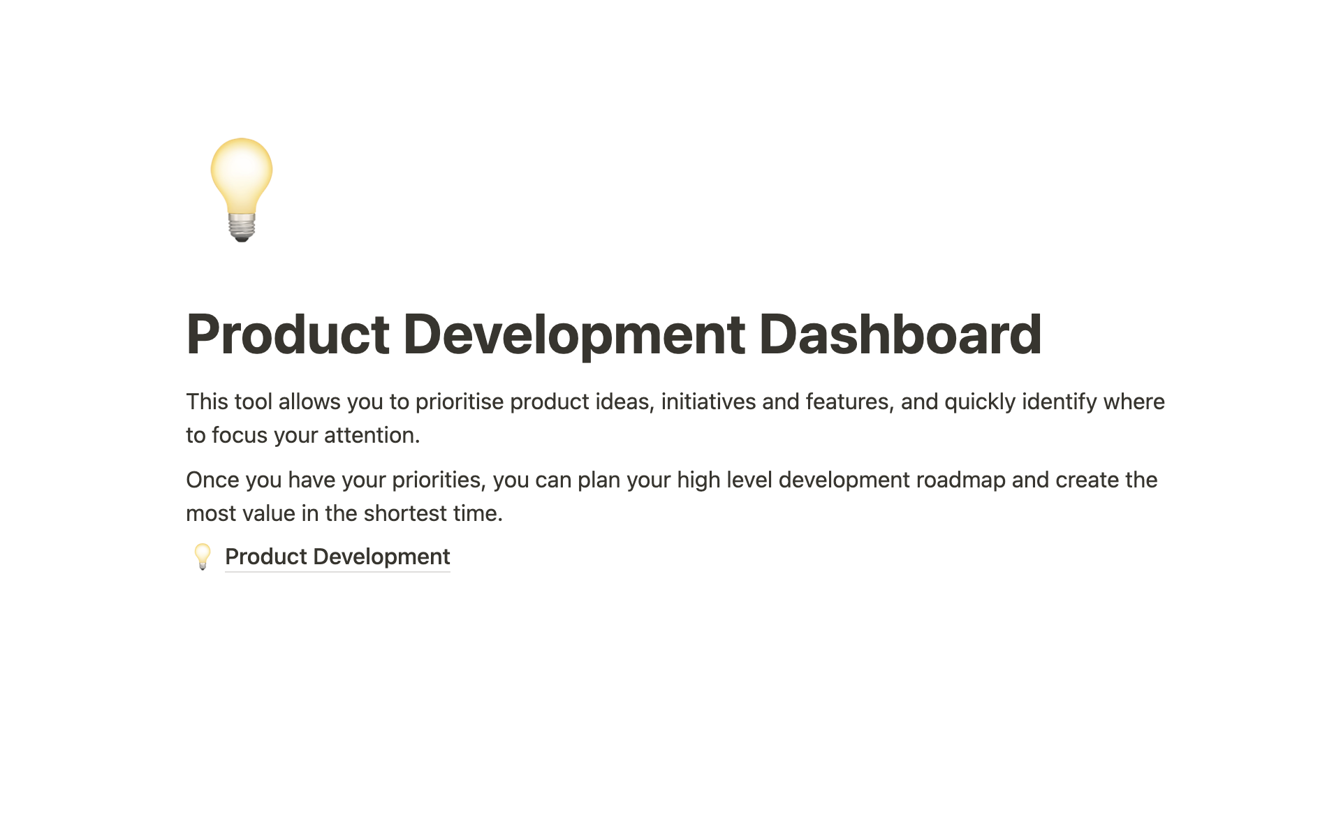A template preview for Product Development Dashboard