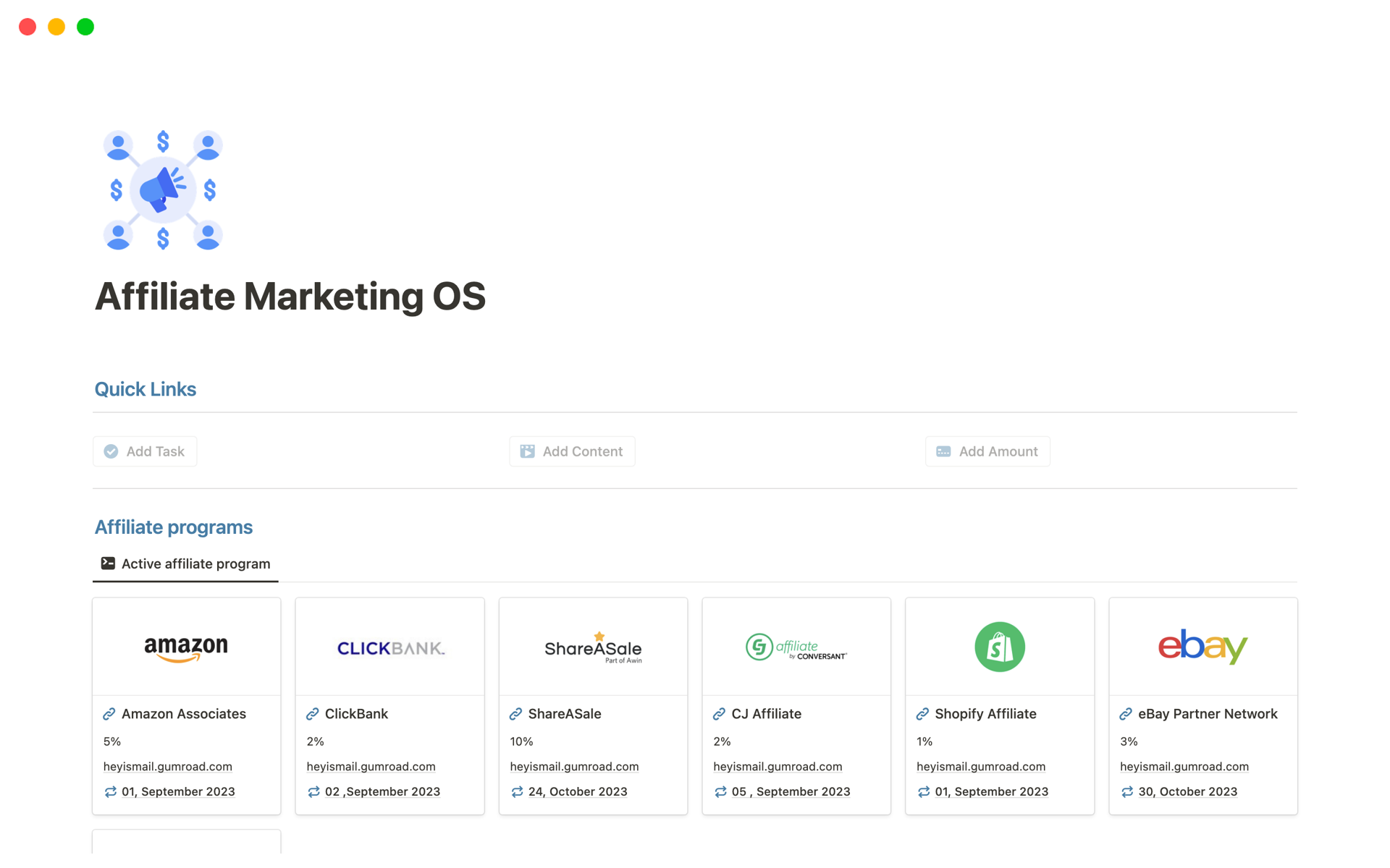 A template preview for Affiliate Marketing OS