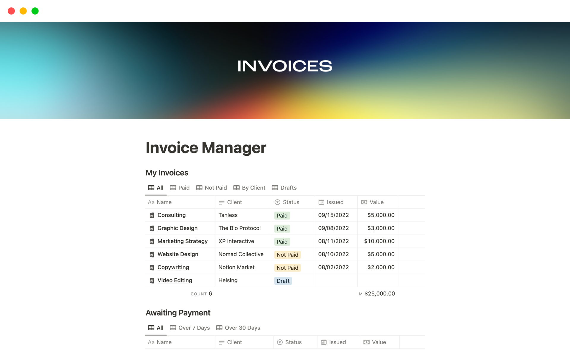A template preview for Invoice manager