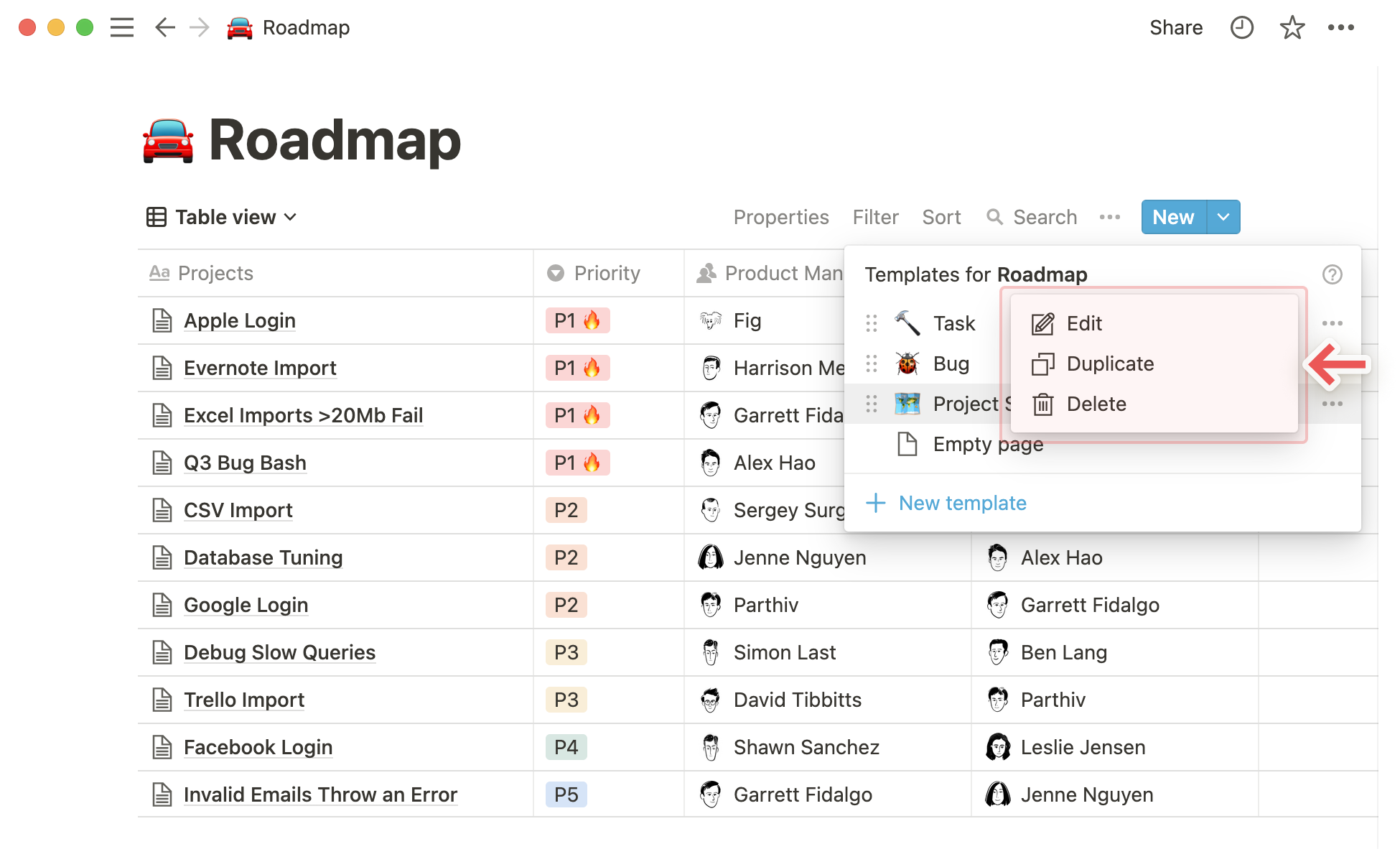 DB template menu