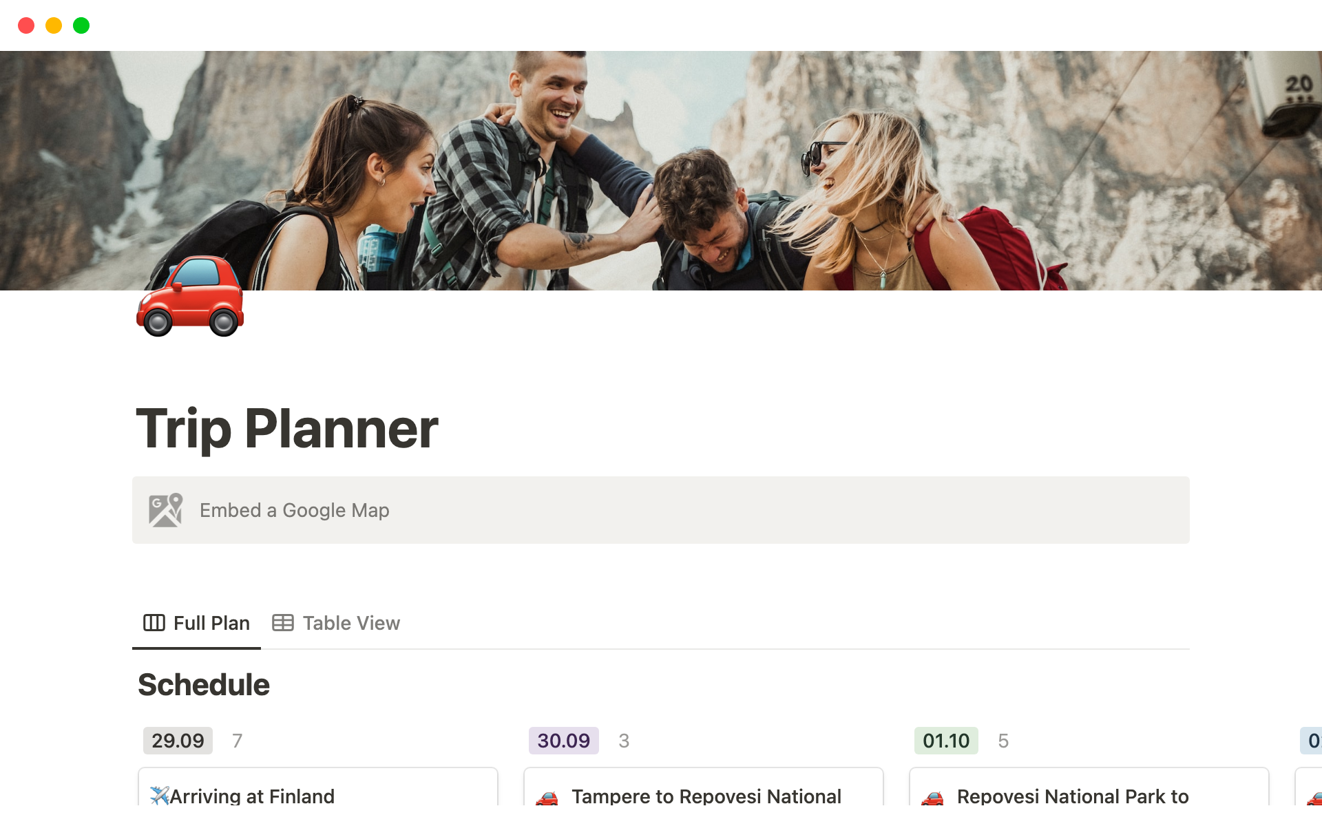 A template preview for Trip Planner Notion Template