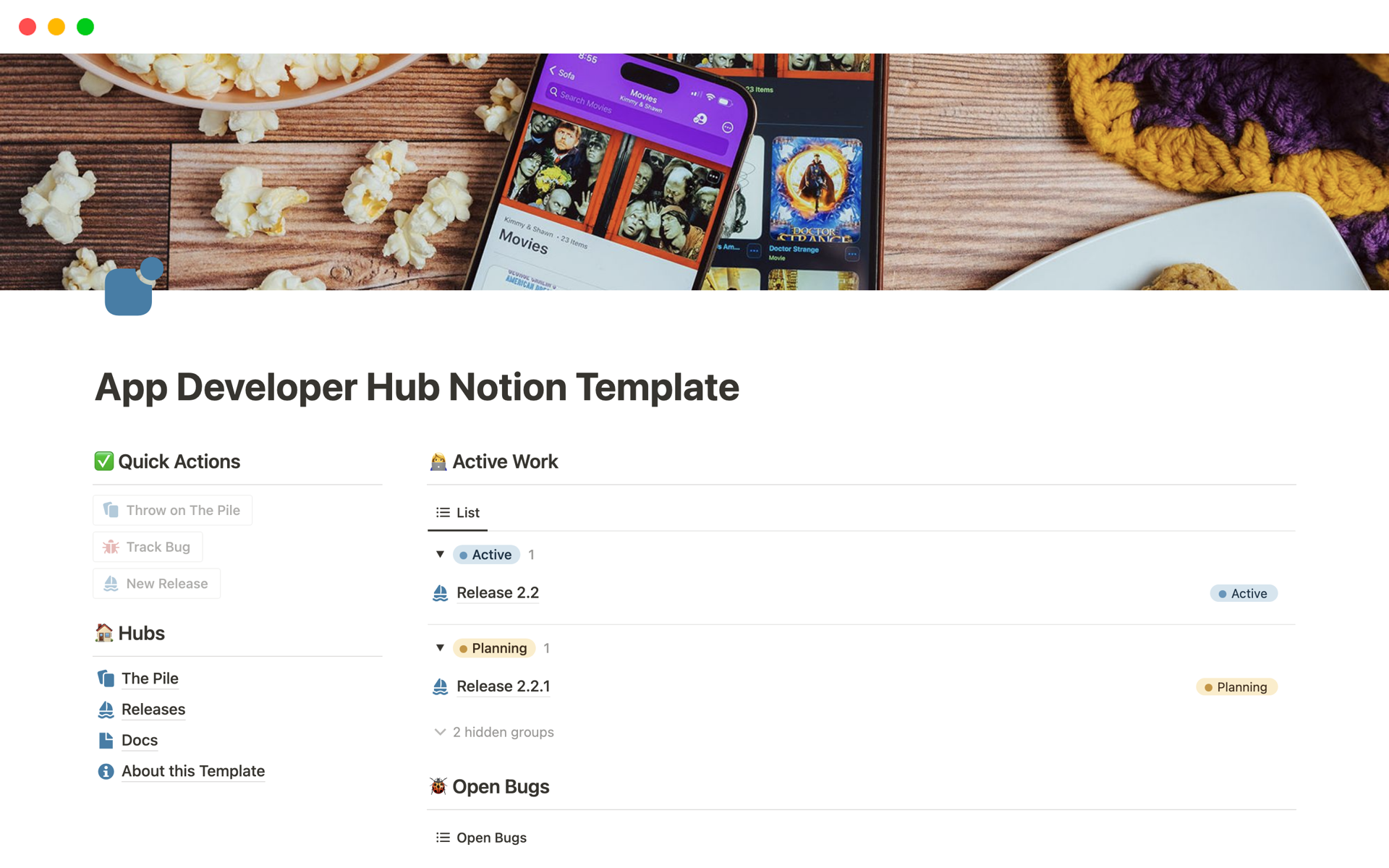 A template preview for App Developer Hub Notion Template