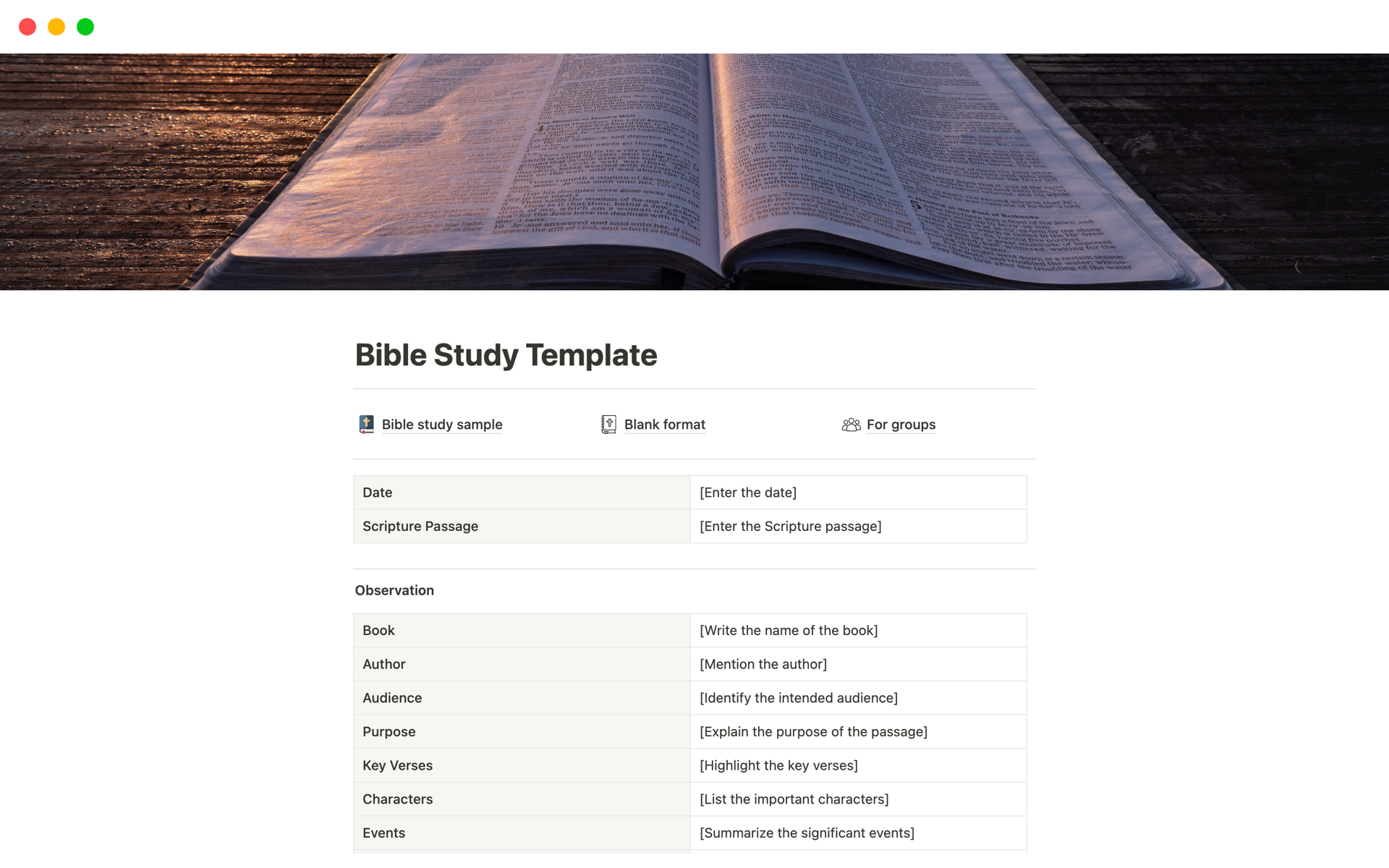 A template preview for Bible Study Template on Notion
