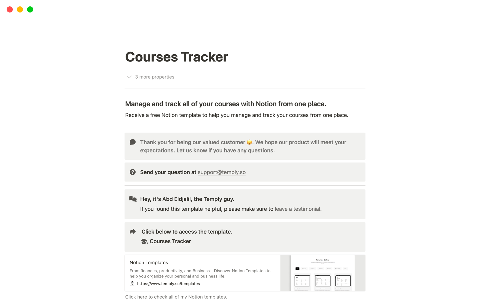 A template preview for Courses Tracker