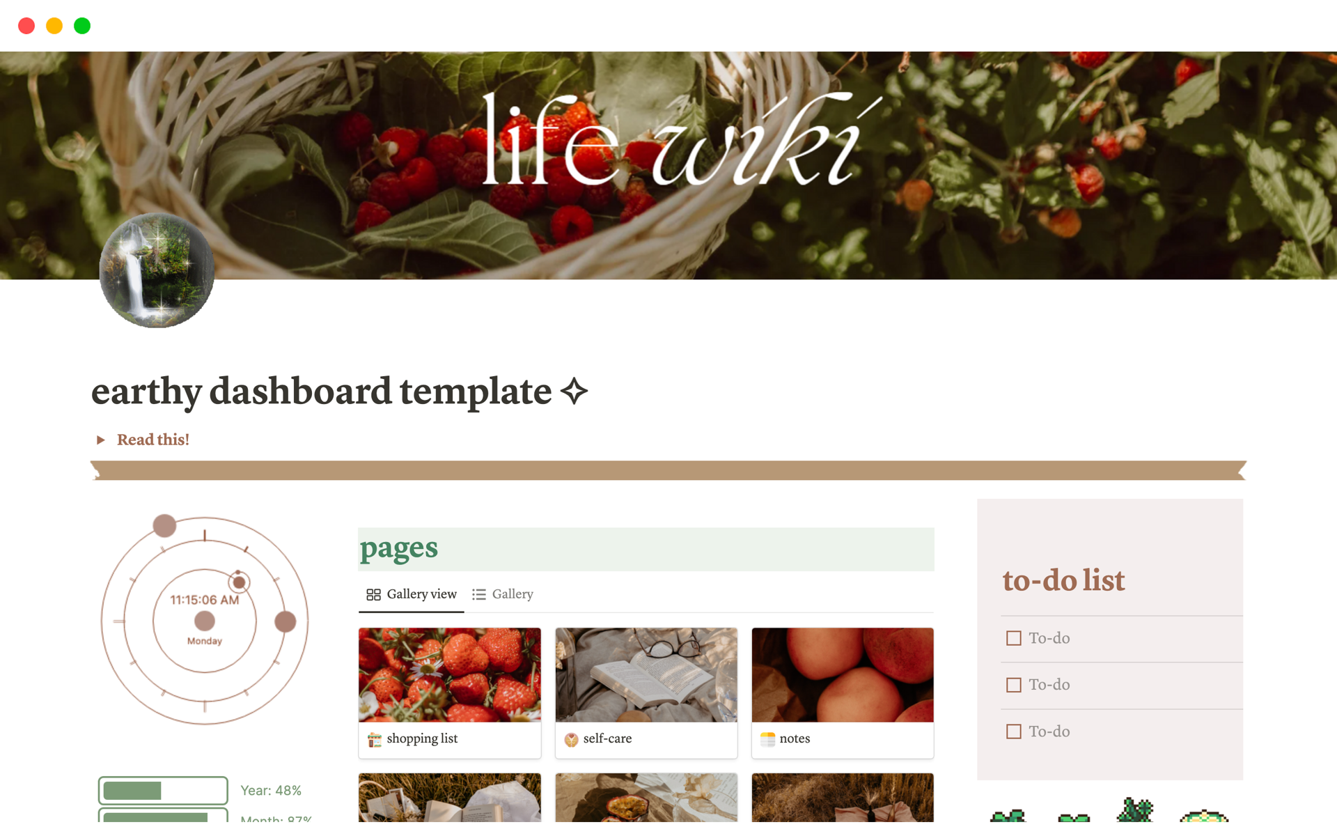 A template preview for Earthy Cottagecore Dashboard 