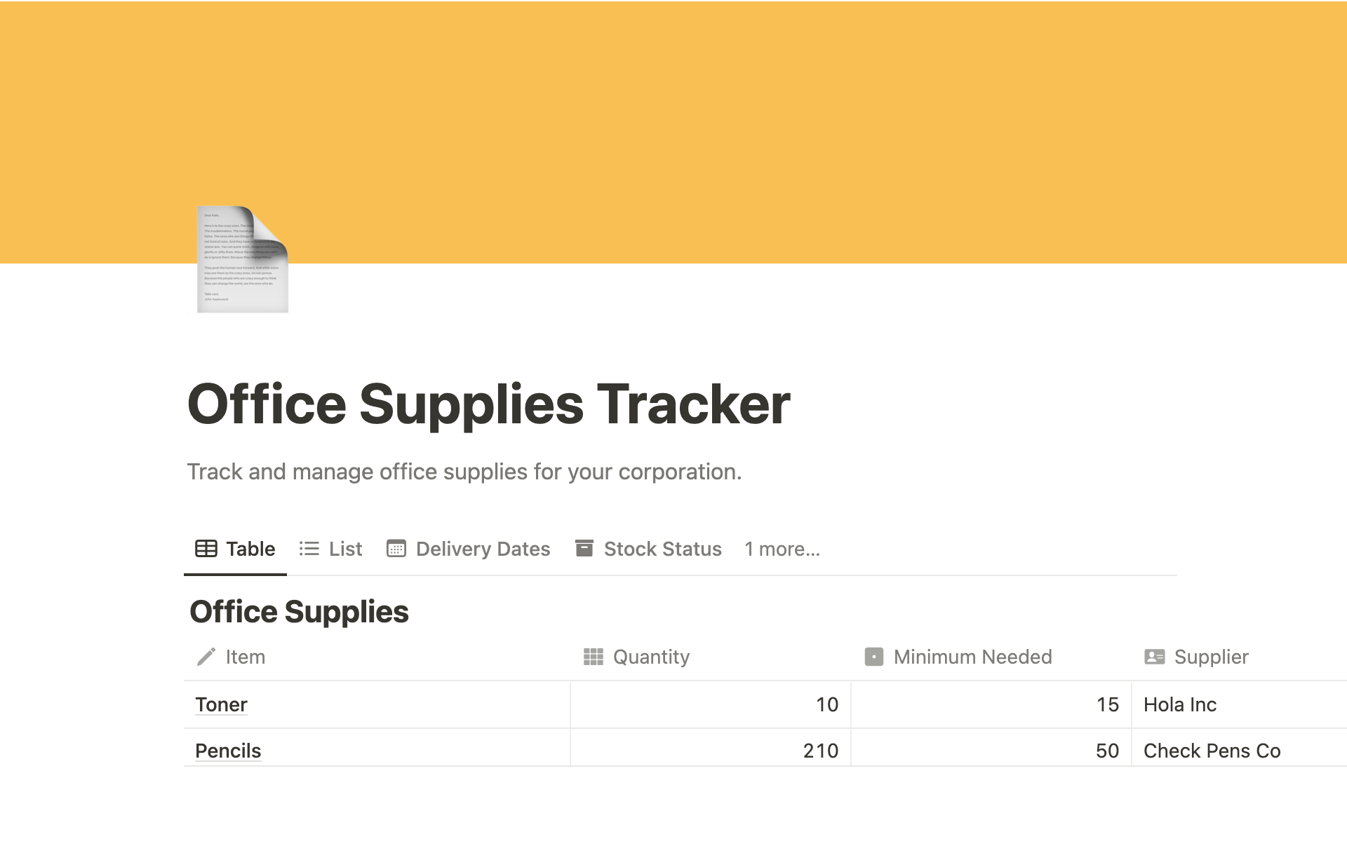 A template preview for Office Supplies Tracker