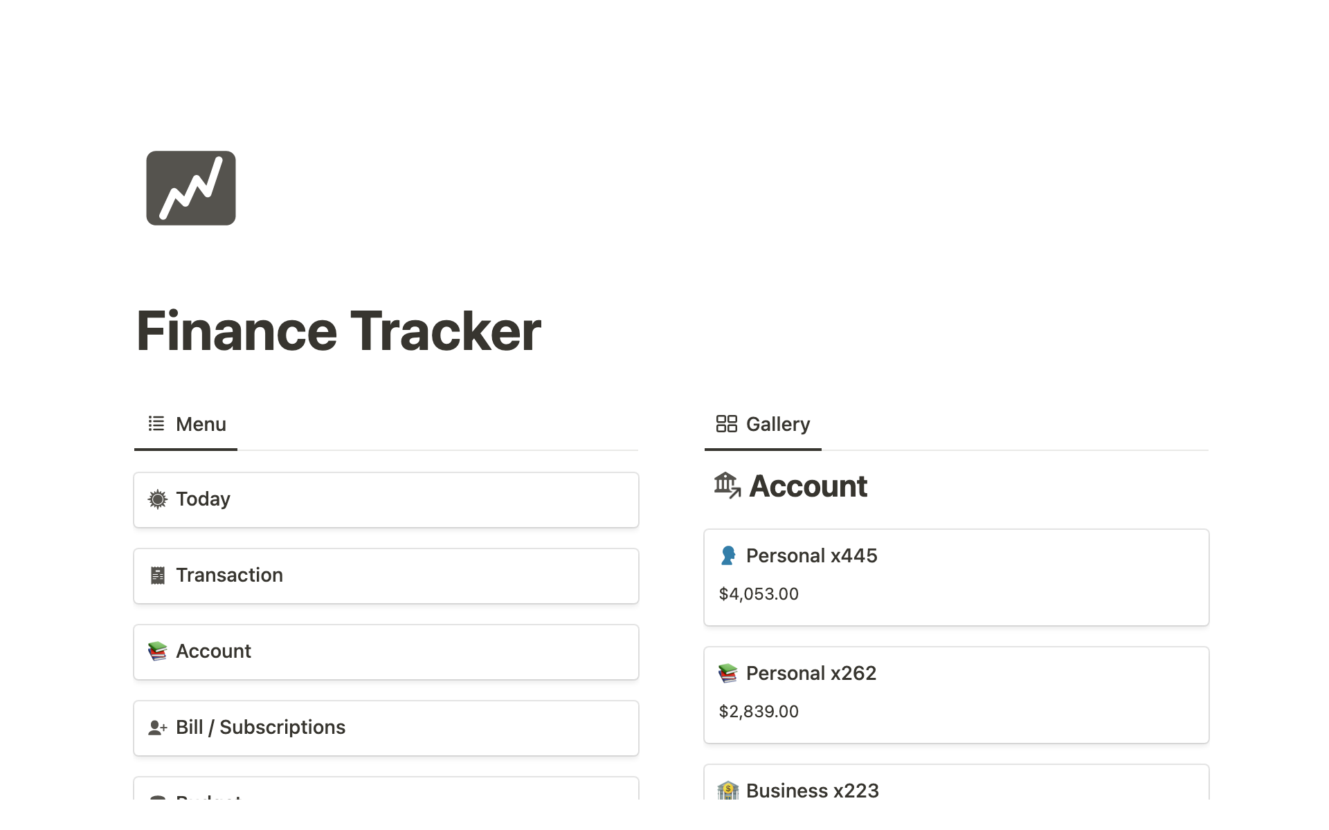 Take charge of your finances and achieve your goals with ease using our Notion finance tracker. Keep track of expenses, accounts, and budget, all in one place.