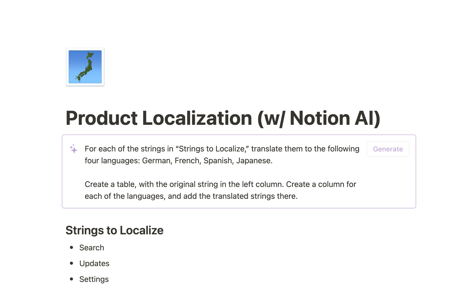 A template preview for Product Localization (w/ Notion AI)