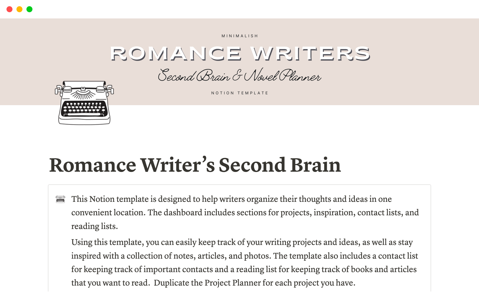 A template preview for Romance Writer's Second Brain Notion Template & Novel Planner