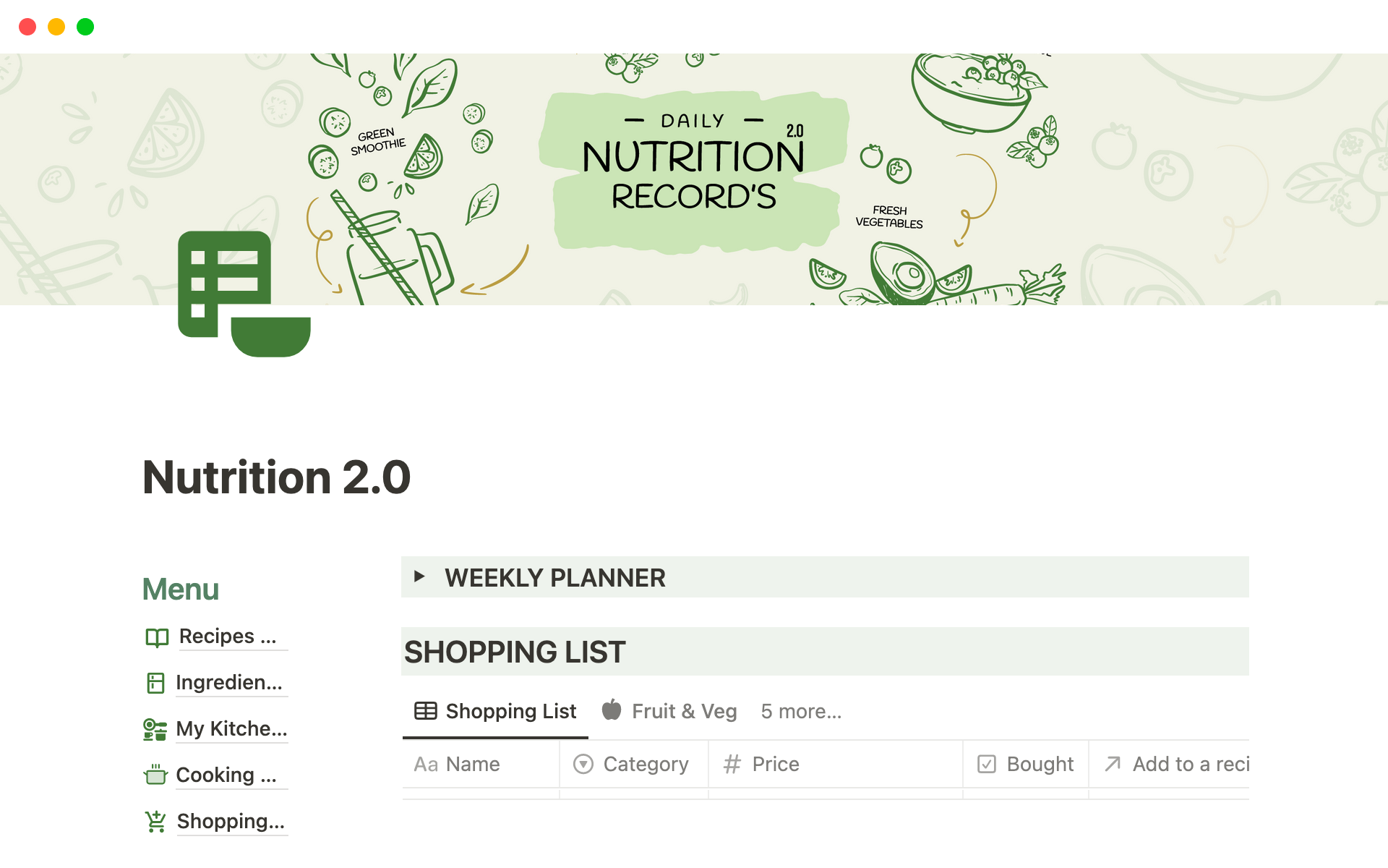 A template preview for Nutrition 2.0