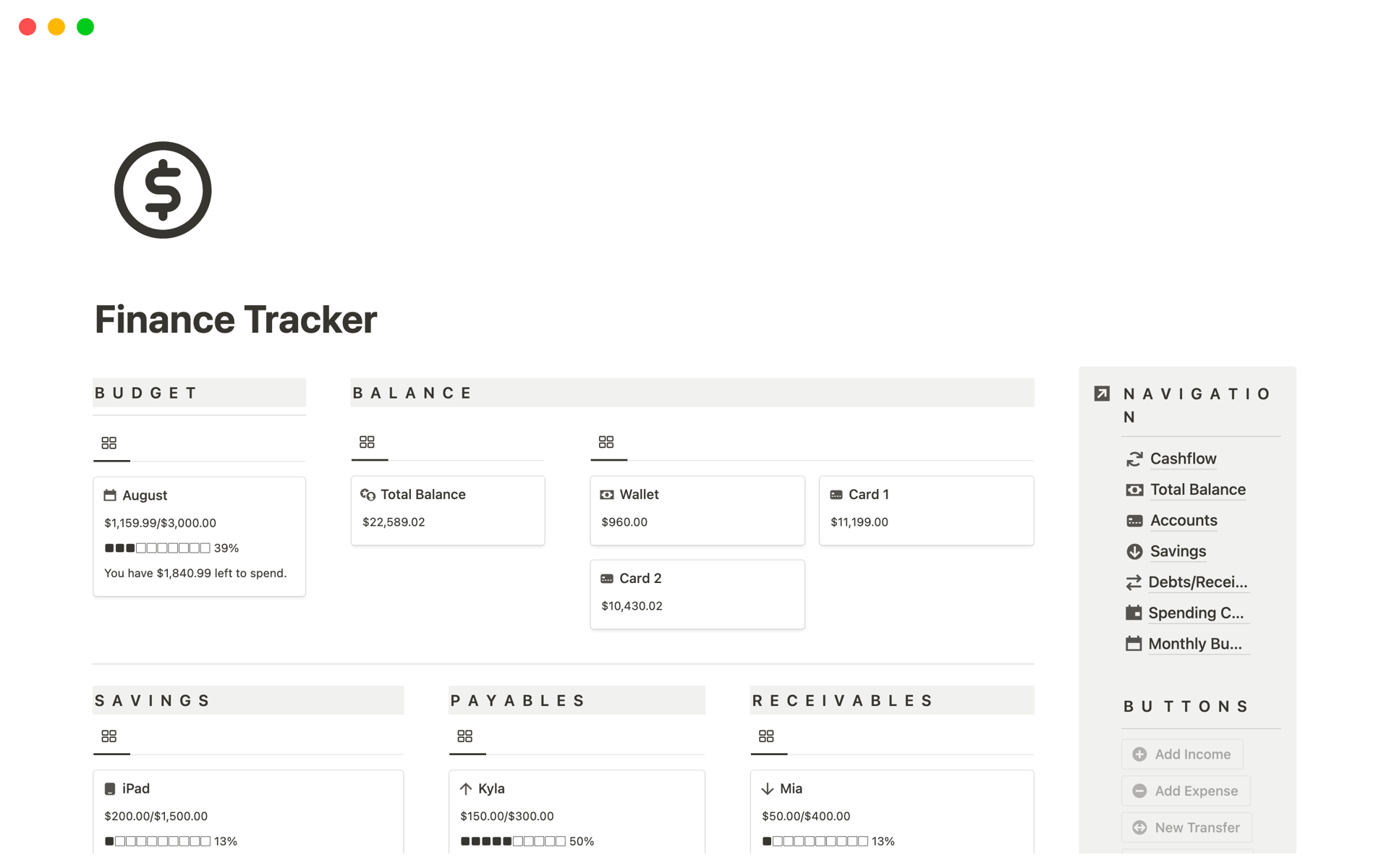 Simplify financial management with the Finance Tracker template, consolidating all data on a single page for effortless control over income, expenses, savings, and more.
