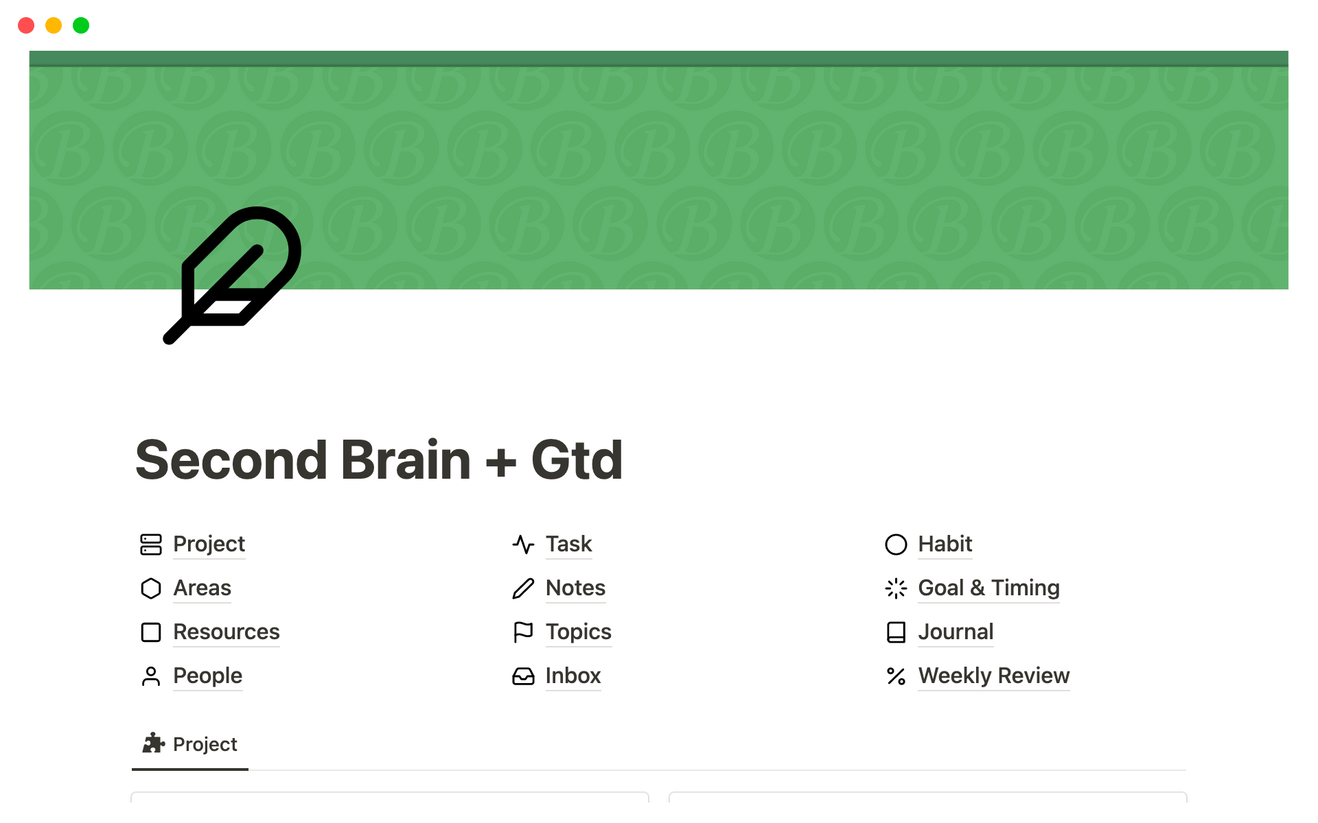 Eine Vorlagenvorschau für Second Brain + GTD