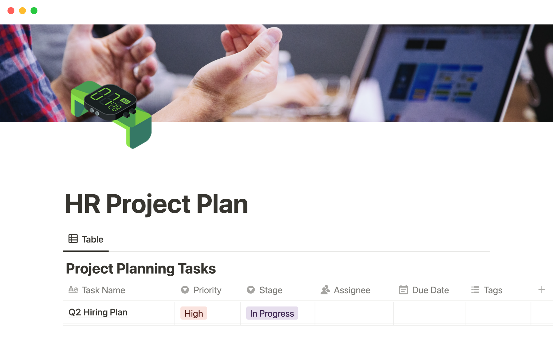 A template preview for HR project plan