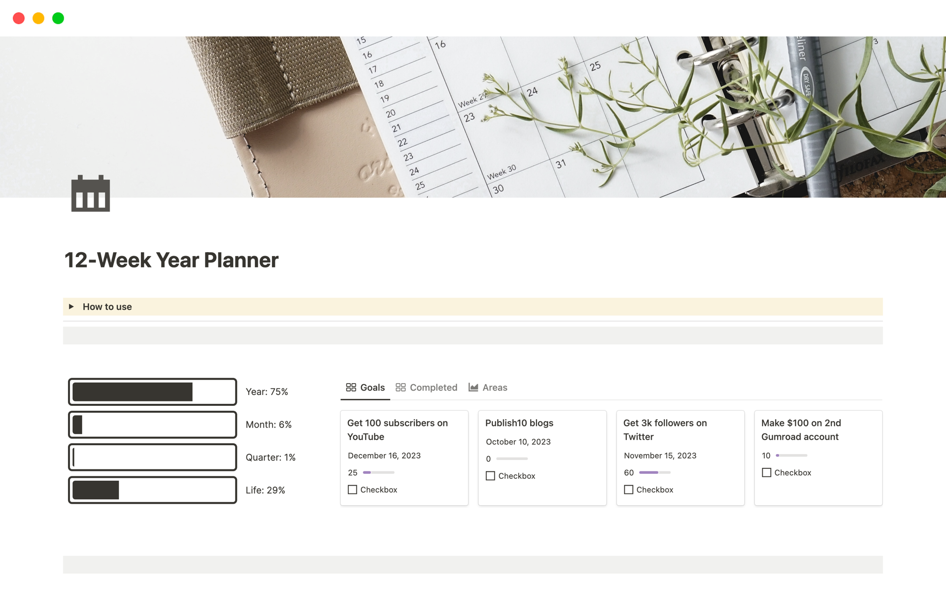 A template preview for 12-Week Year Planner 
