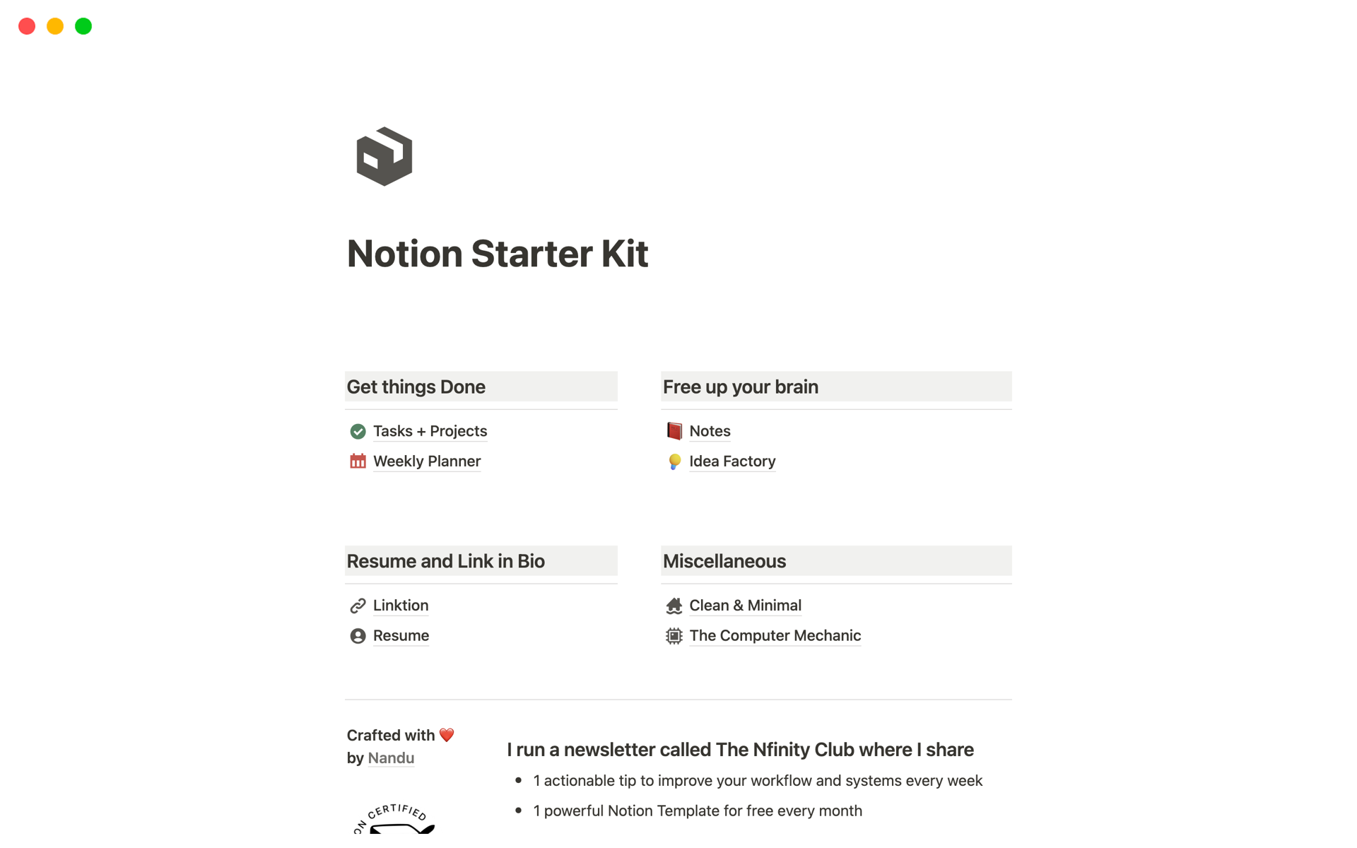 A template preview for Notion Starter Kit