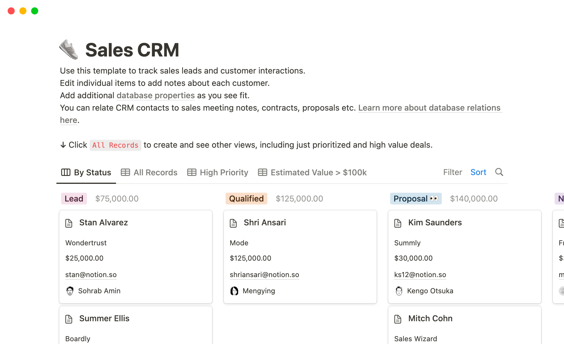 A template preview for Sales CRM