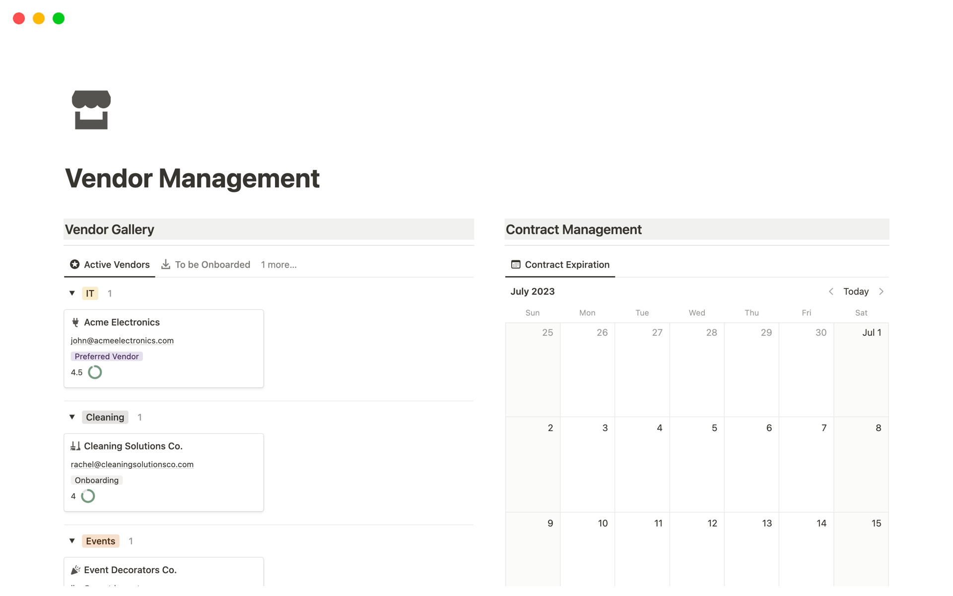 A template preview for Vendor Management Template