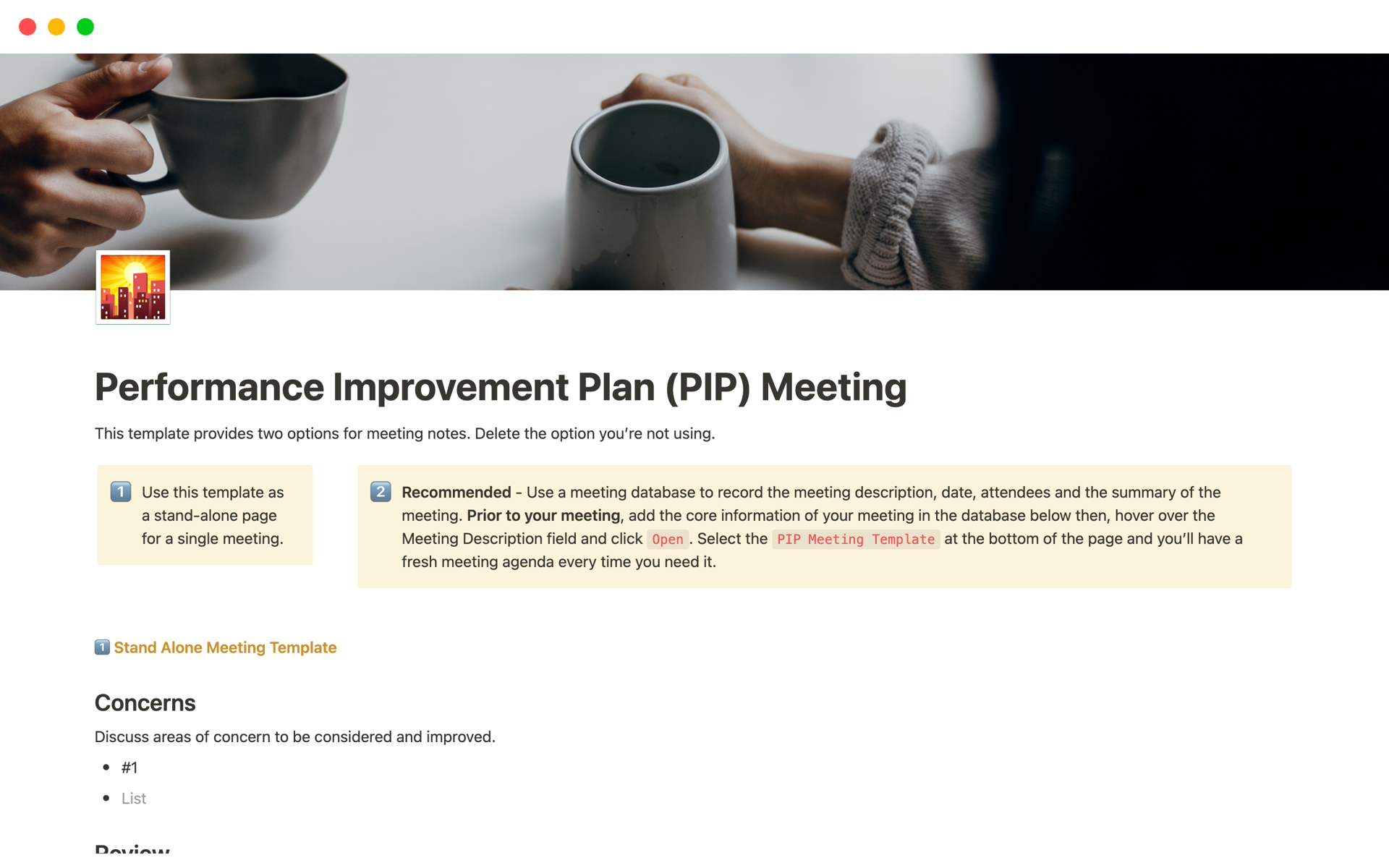 A template preview for Performance Improvement Plan (PIP) Meeting