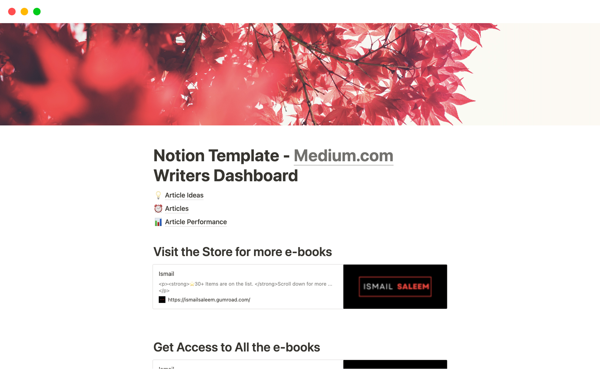 A template preview for Notion Template - Medium.com Writers Dashboard