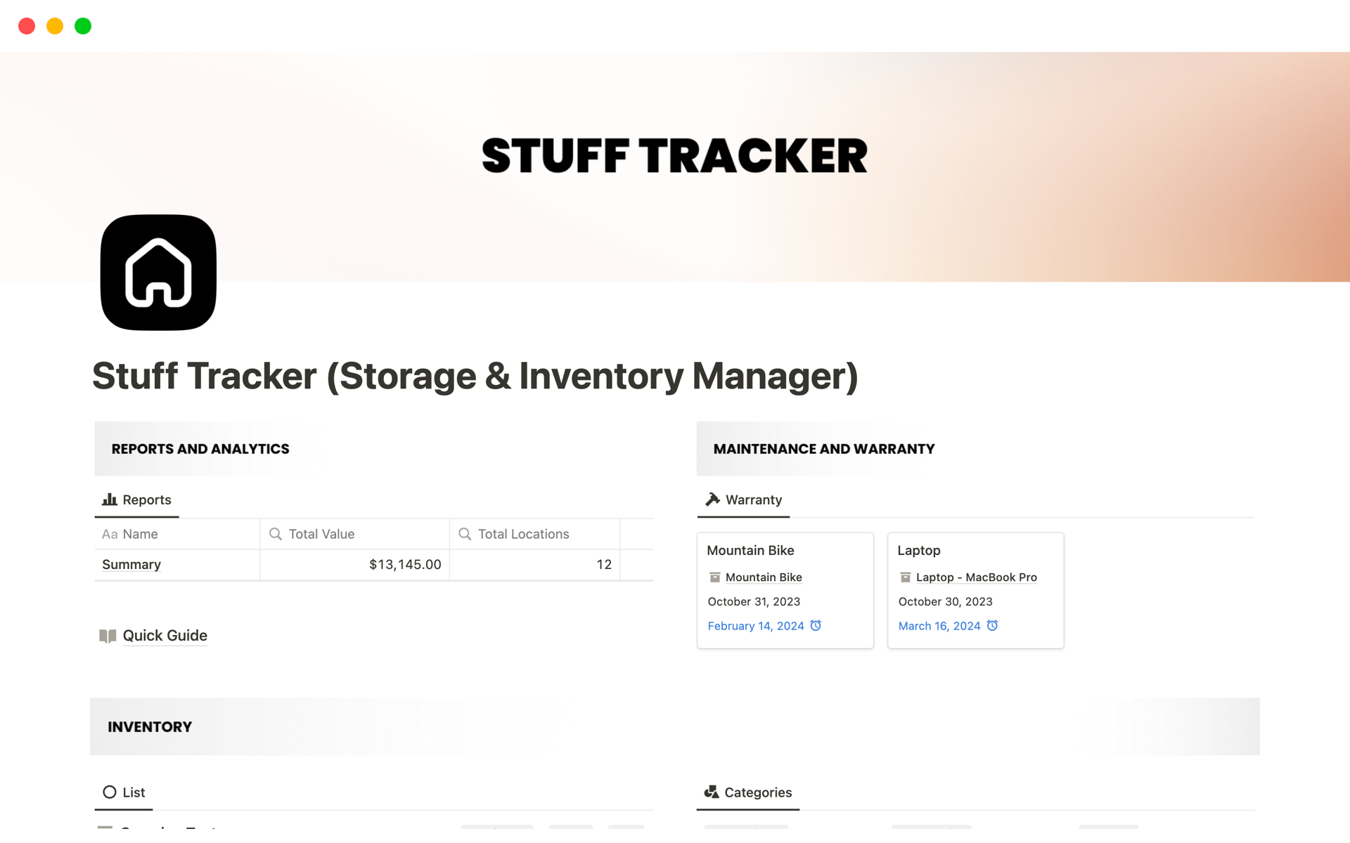 A template preview for Stuff Tracker (Storage & Inventory Manager)