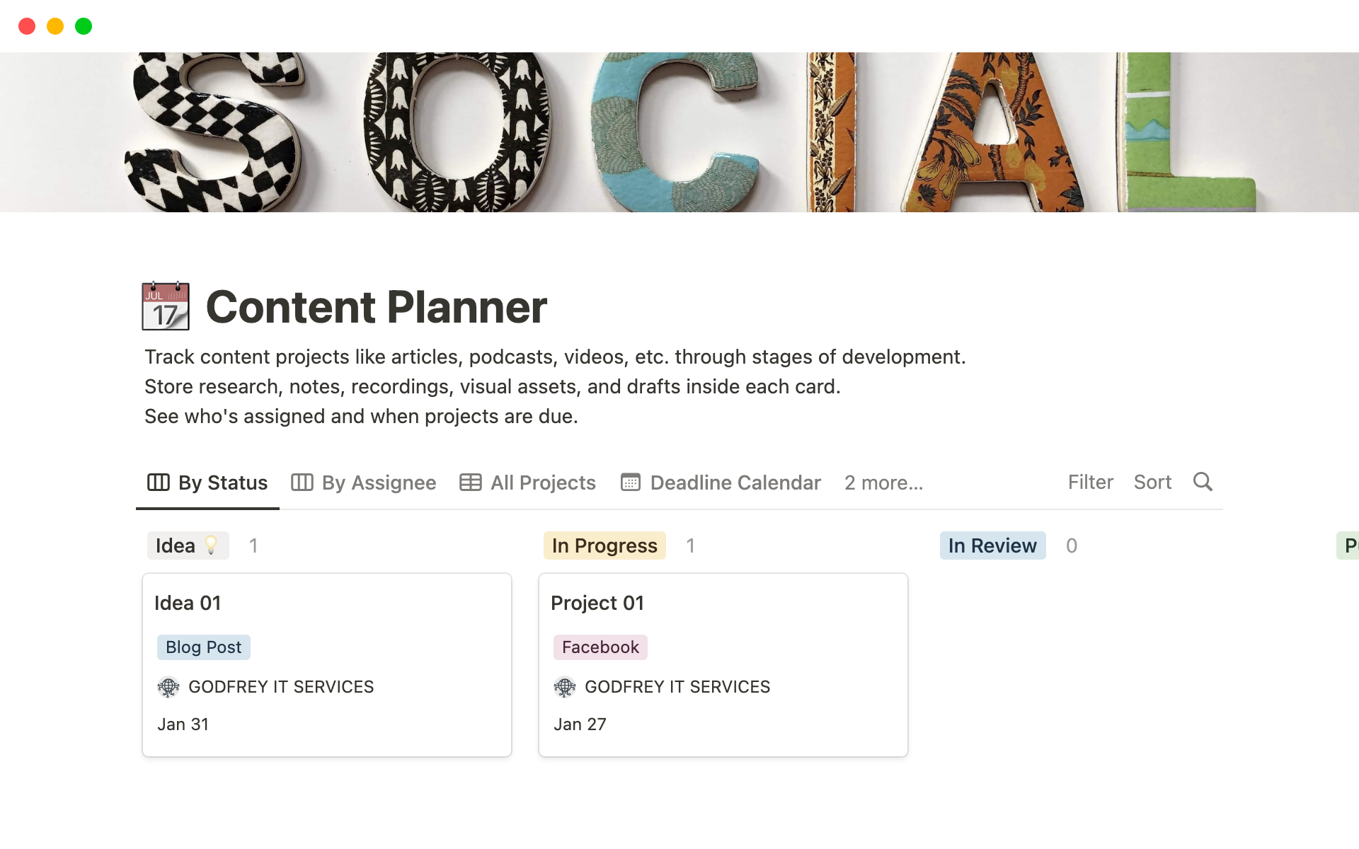 Eine Vorlagenvorschau für Content Planner Notion Template