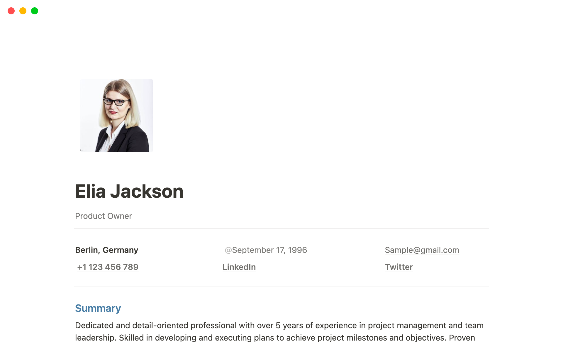A template preview for Clean & Simple Resume (CV) Template for Notion