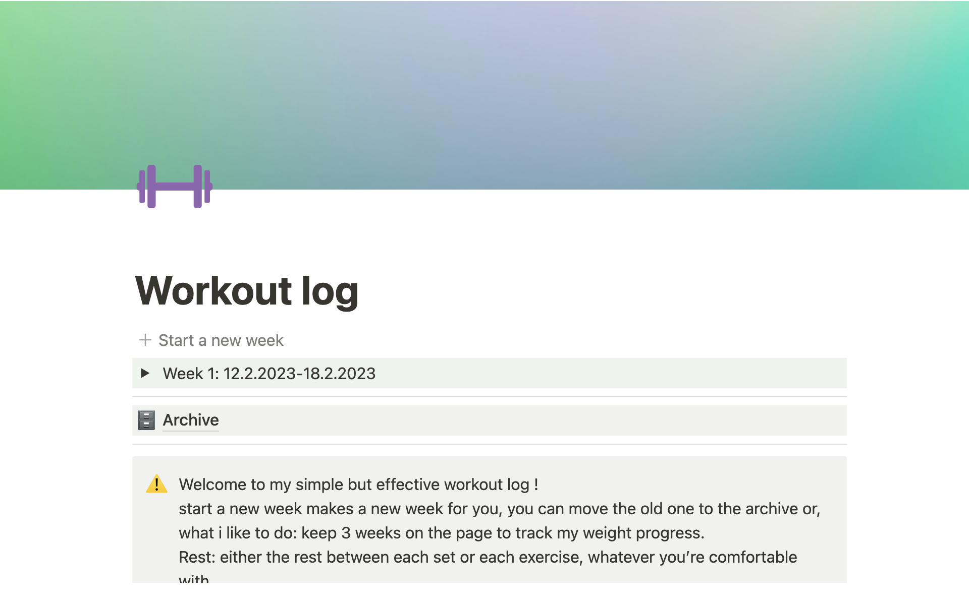 A template preview for Workout log