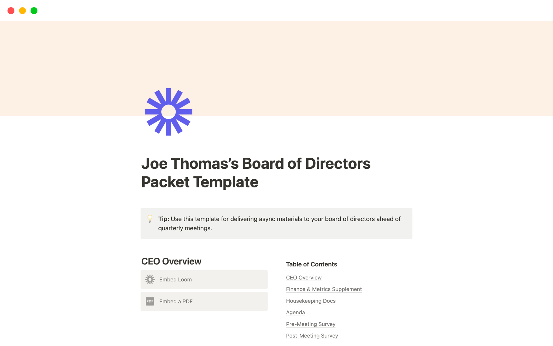 A template preview for Board of Directors Packet