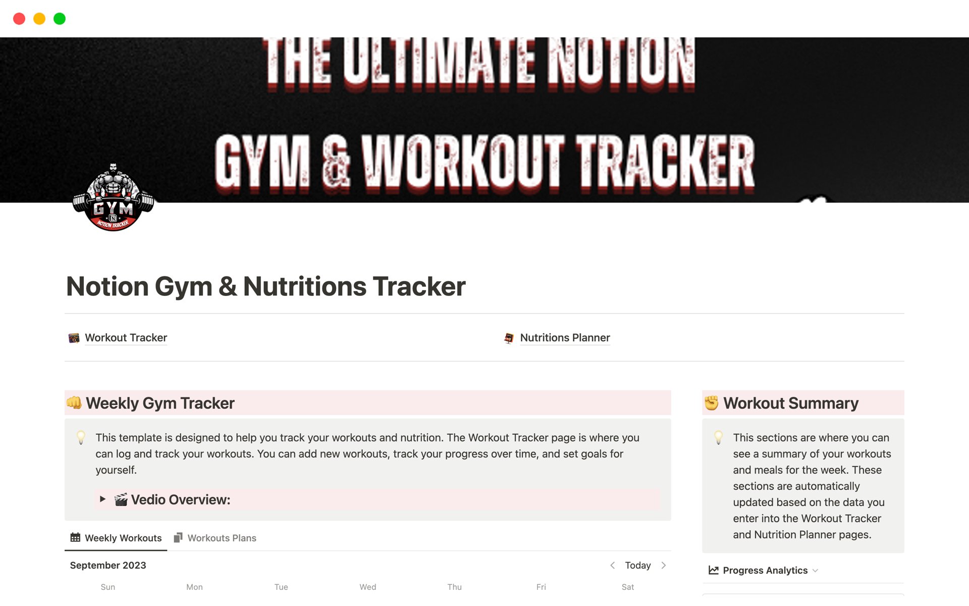 A template preview for Gym & Nutritions Tracker