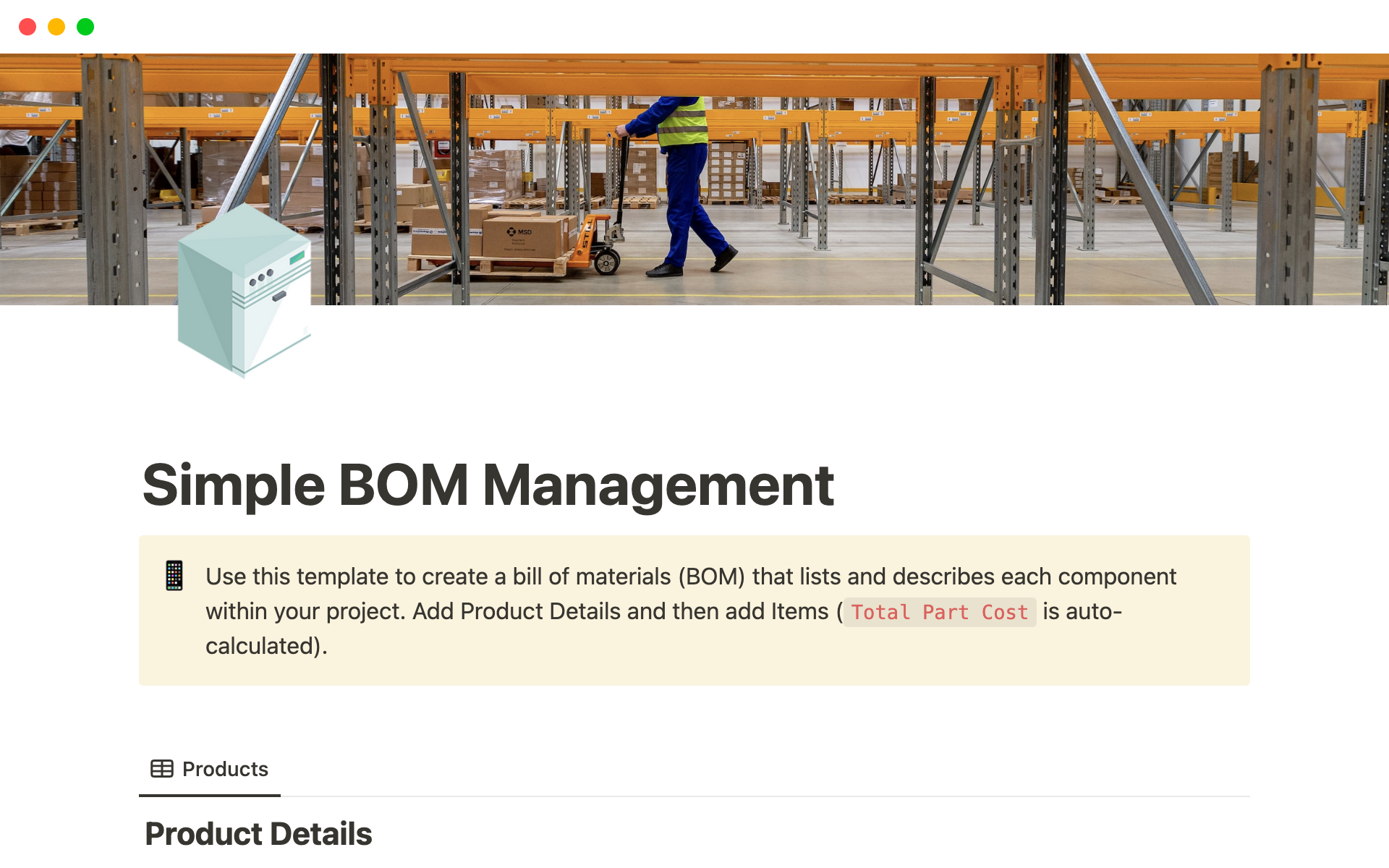 A template preview for Bill of Materials (BoM) Management Template