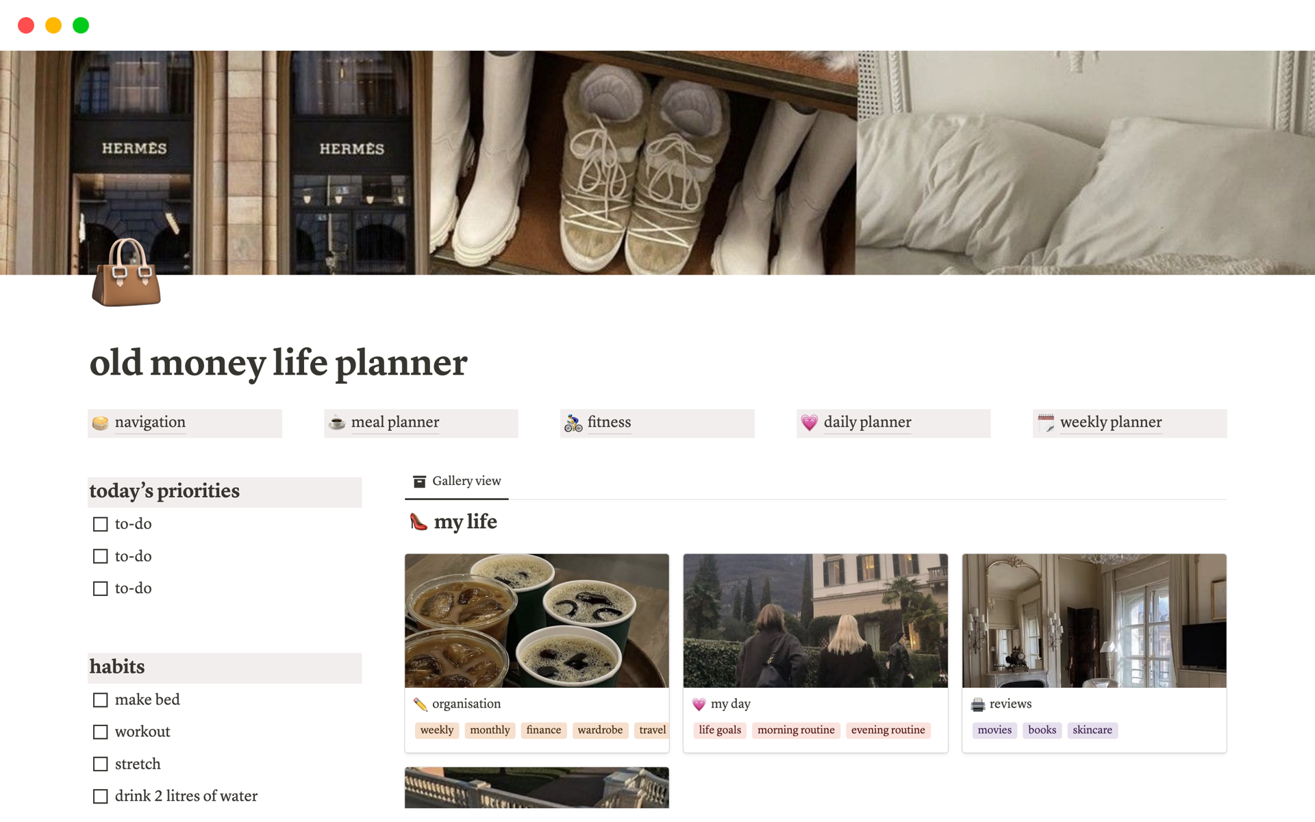 A template preview for old money aesthetic life planner