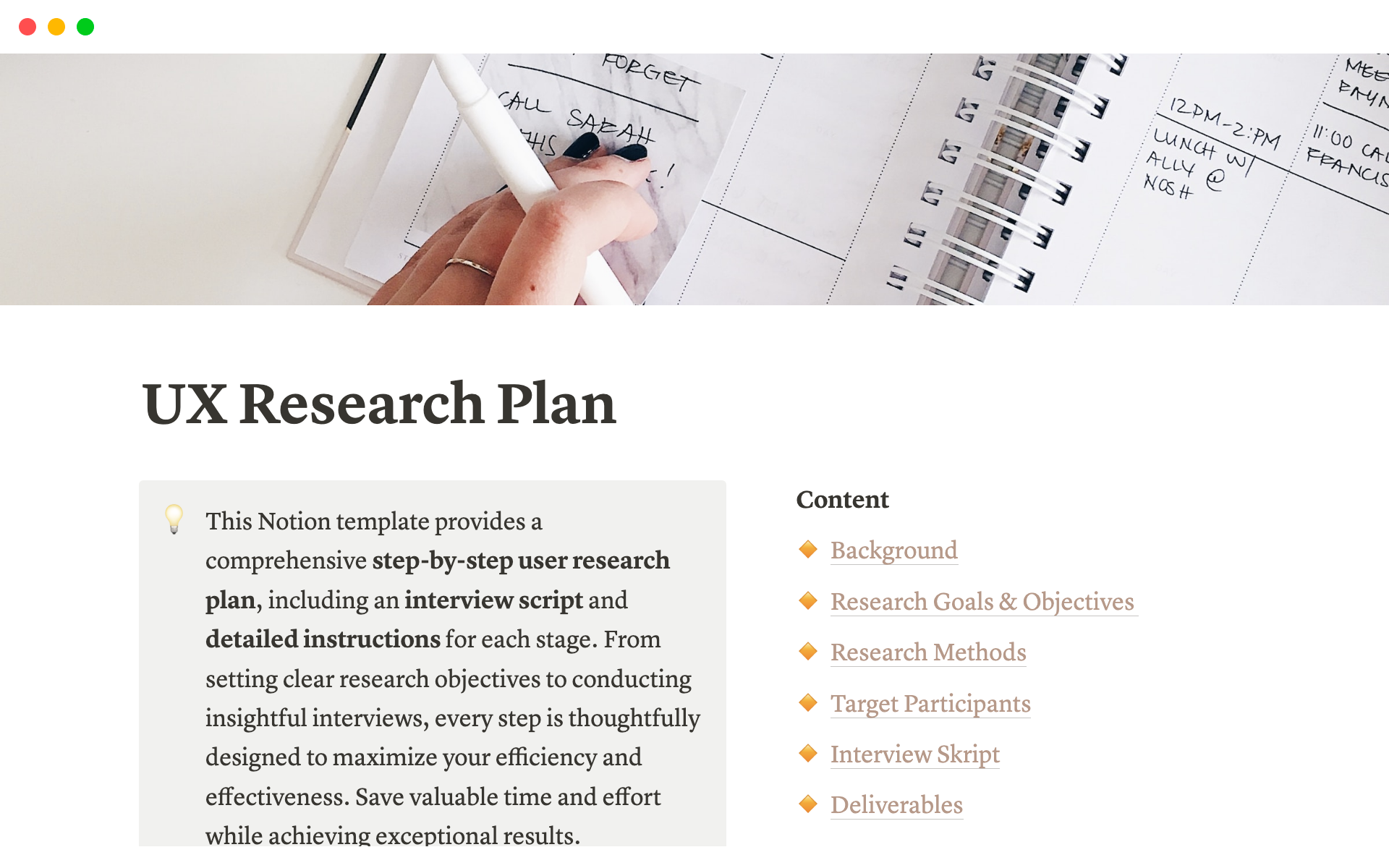 A template preview for UX Research Plan