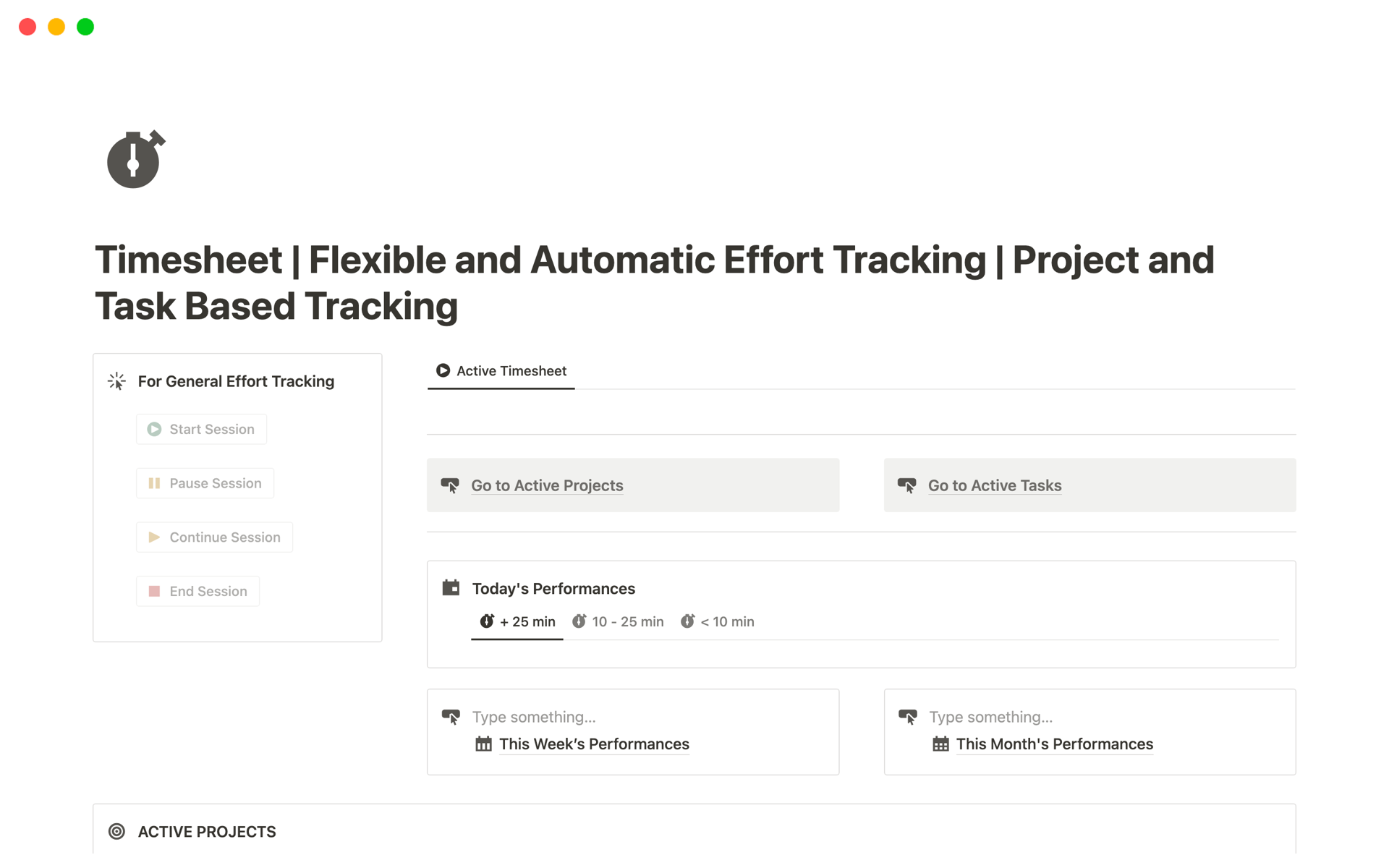 A template preview for Automatic Effort Tracking by Project and Task