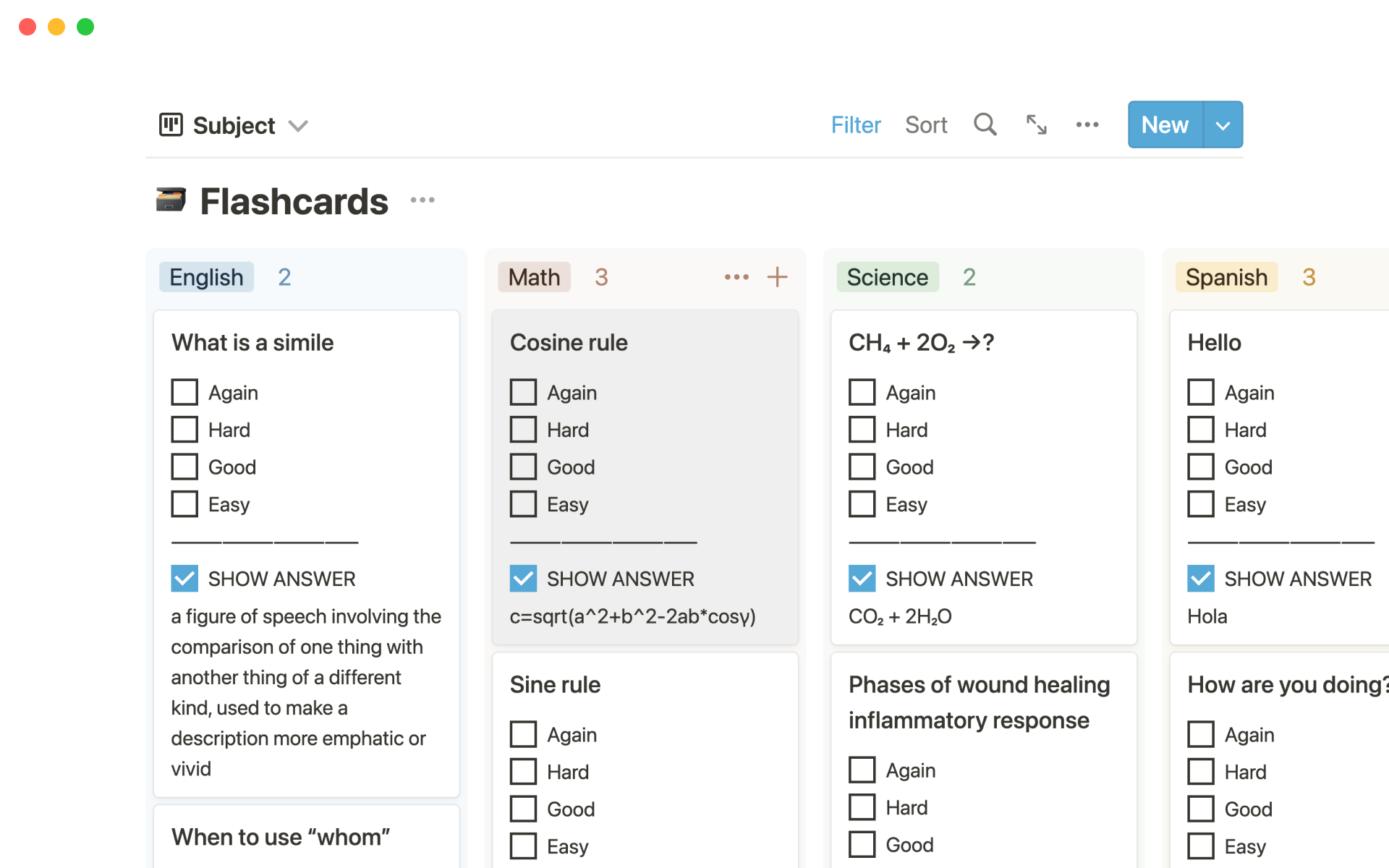Spaced repetition flashcards Notion Template