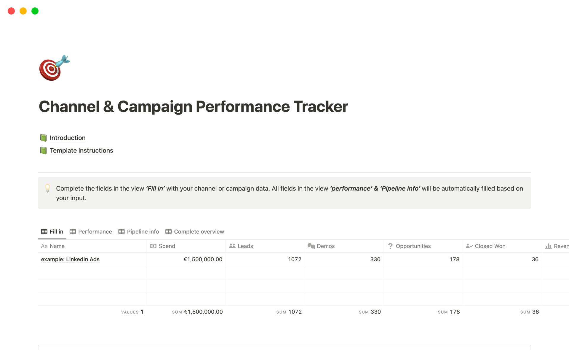 Eine Vorlagenvorschau für Channel & Campaign Performance Tracker 