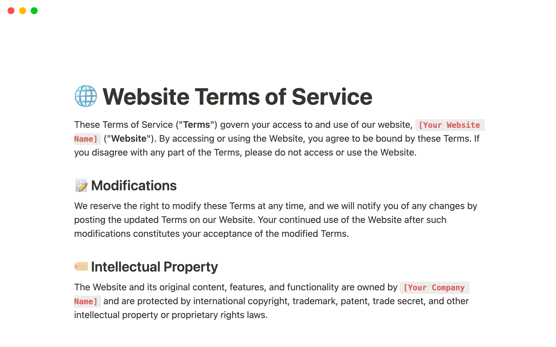 Eine Vorlagenvorschau für Website Terms of Service