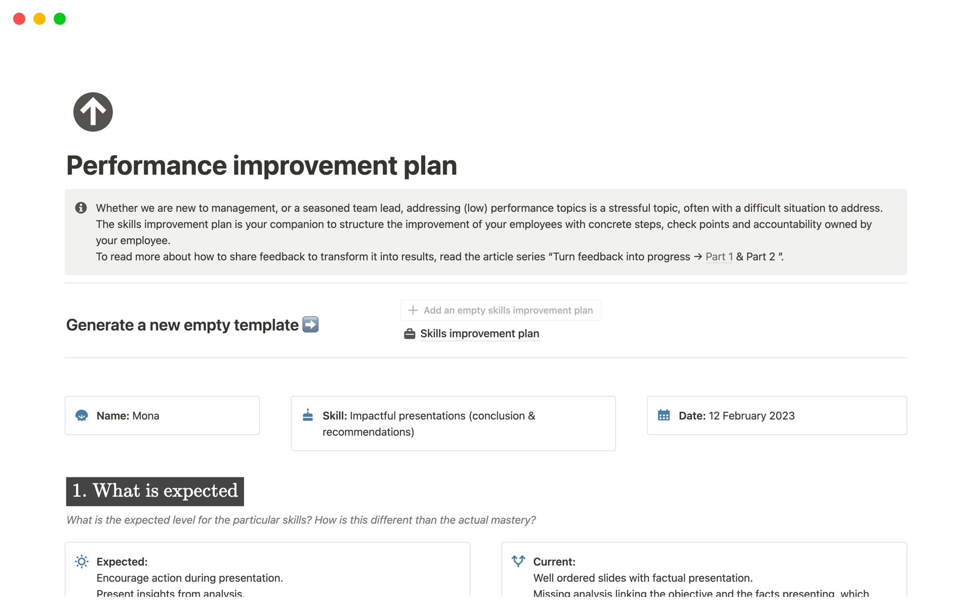 A template preview for Performance improvement plan
