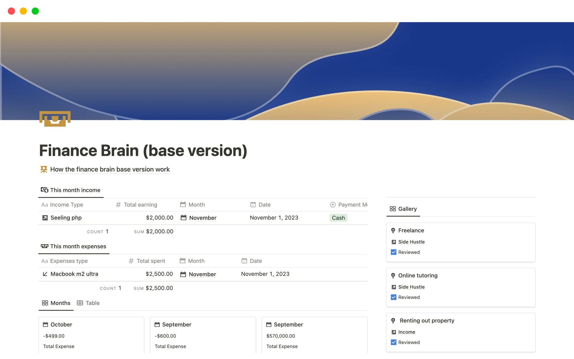 A template preview for Finance Brain (base version)