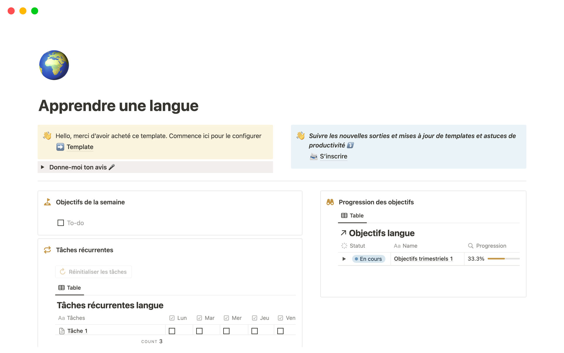 A template preview for Apprendre une langue