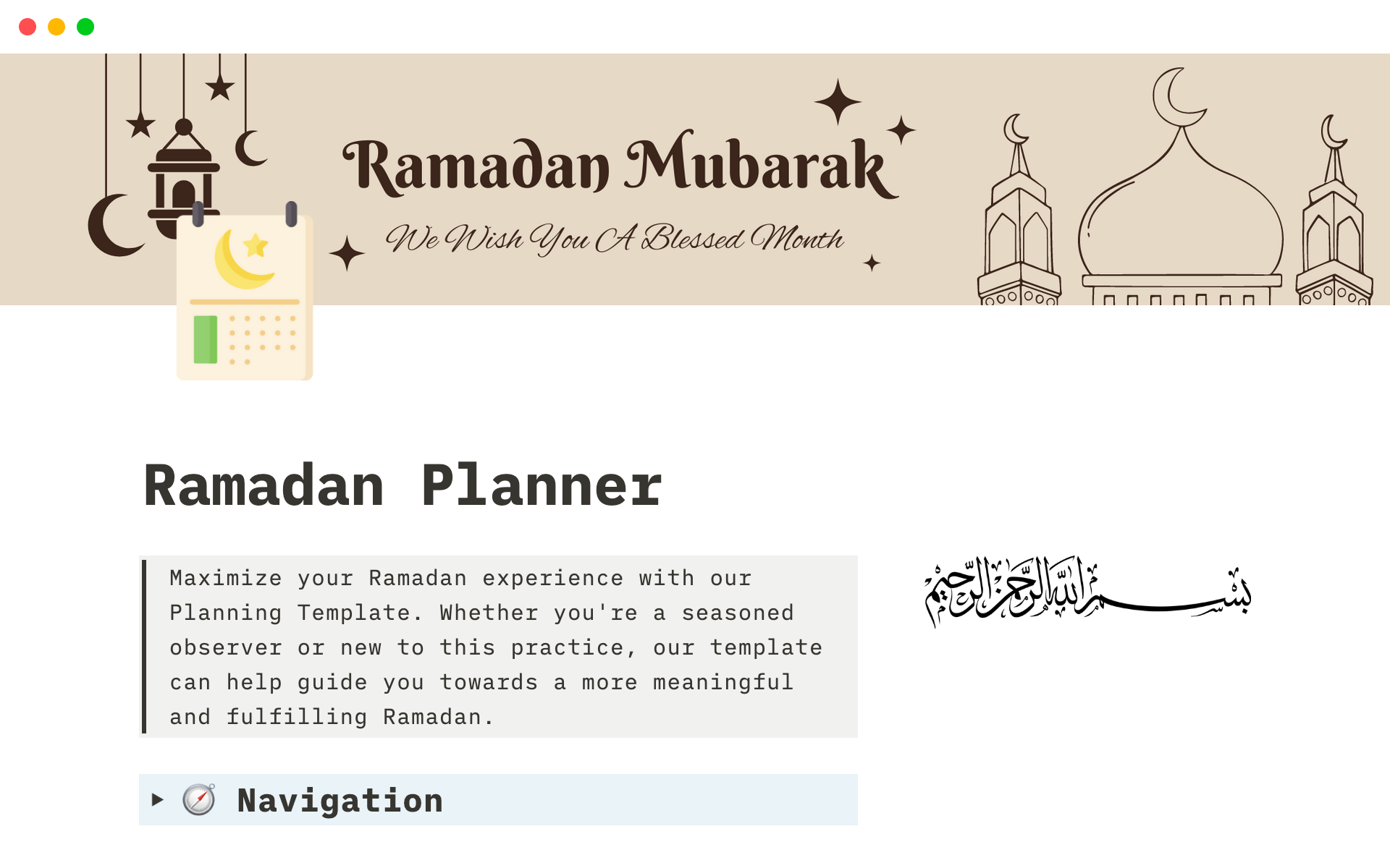 This Notion template provides a comprehensive guide for organizing and tracking your Ramadan goals, schedule, meals, prayers, and reflections.