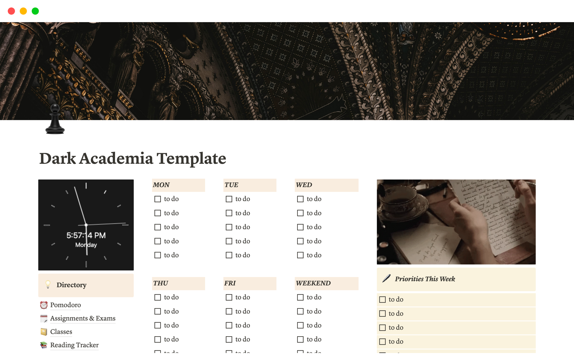 A template preview for Student Planner Notion Template [Dark Academia]