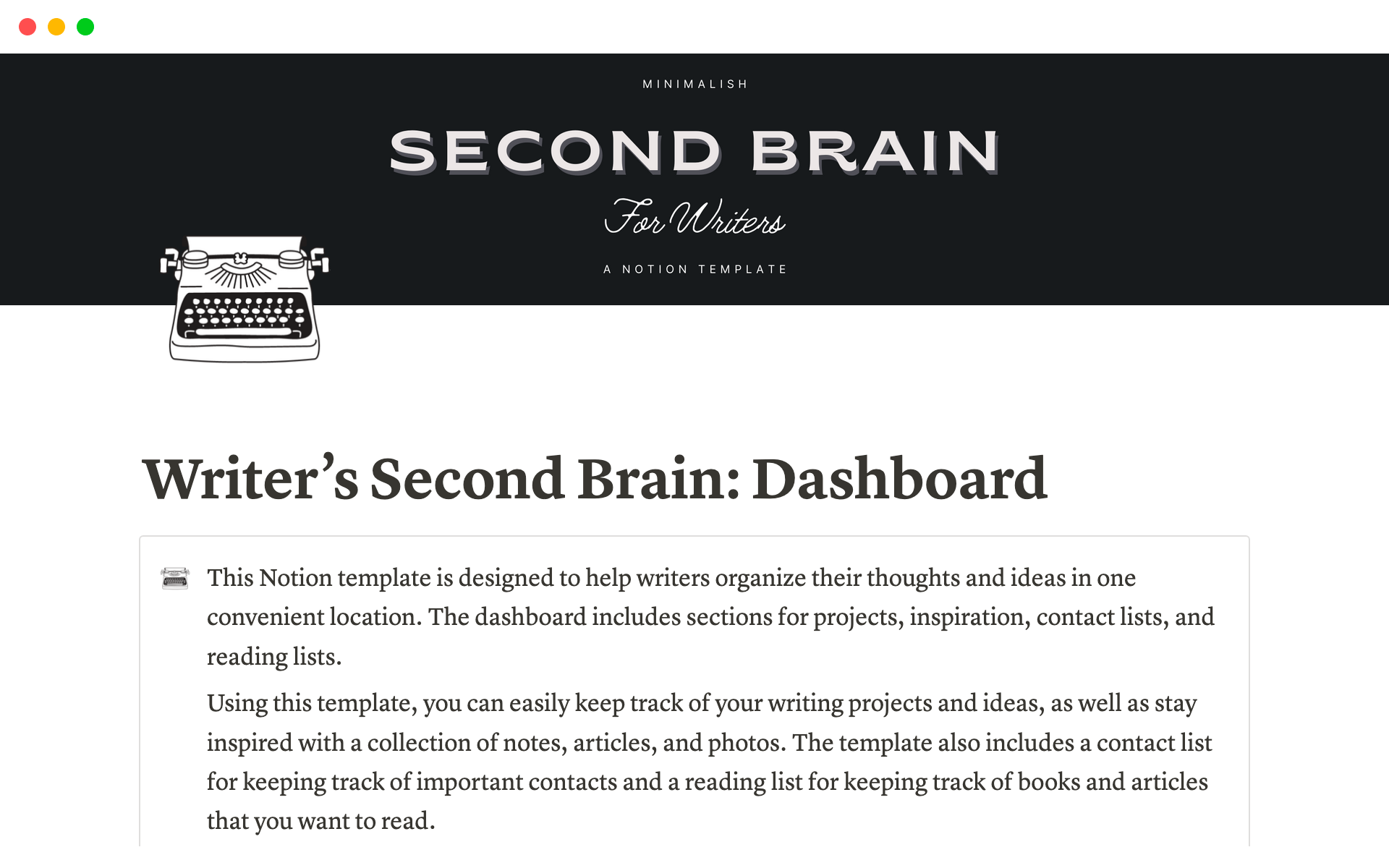 A template preview for Second Brain for Writers