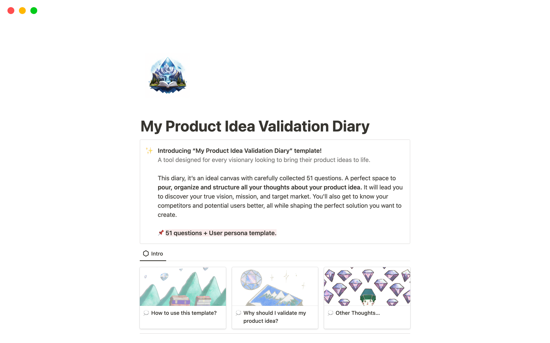 A template preview for My Product Idea Validation Diary