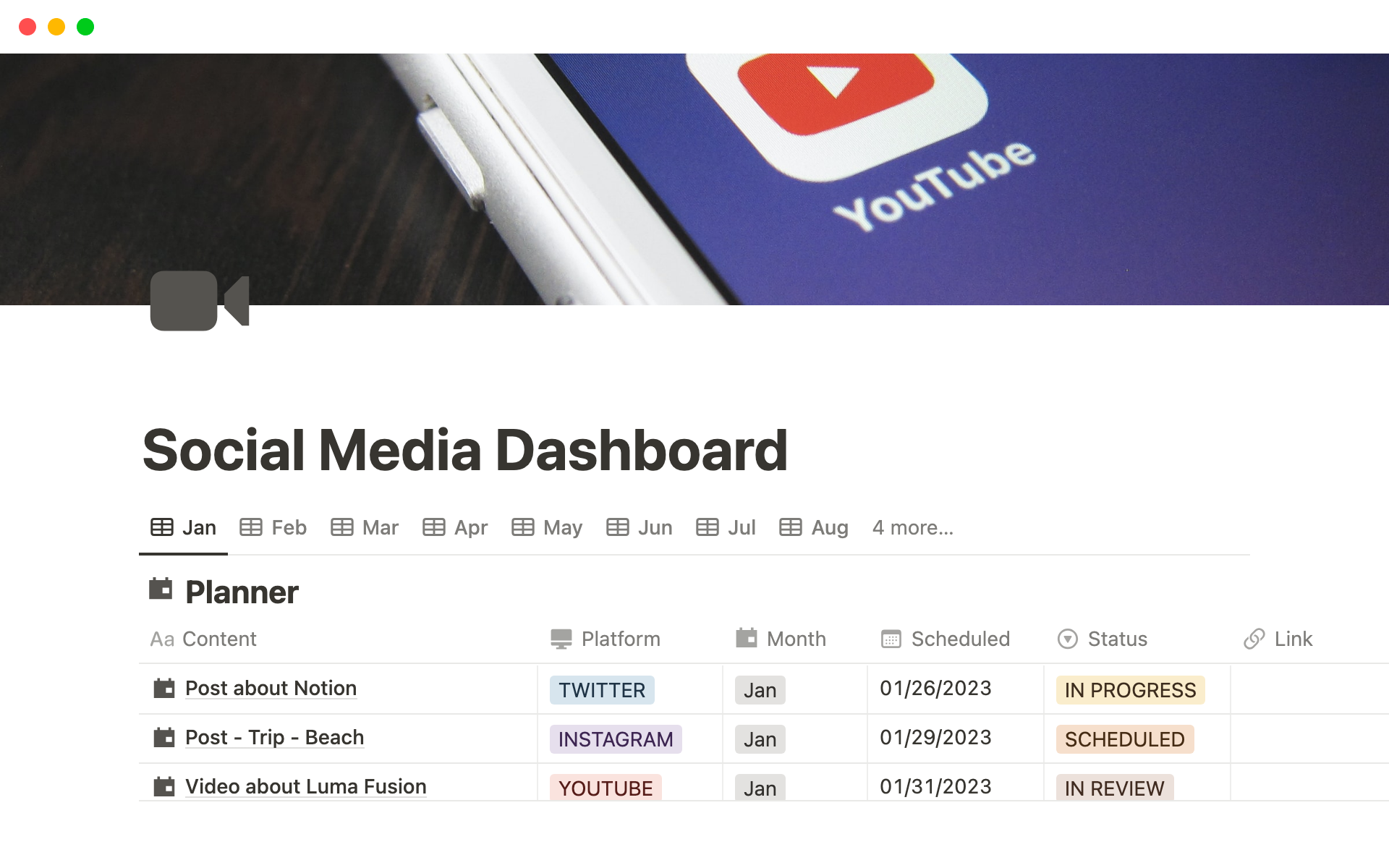 A template preview for Social Media Dashboard