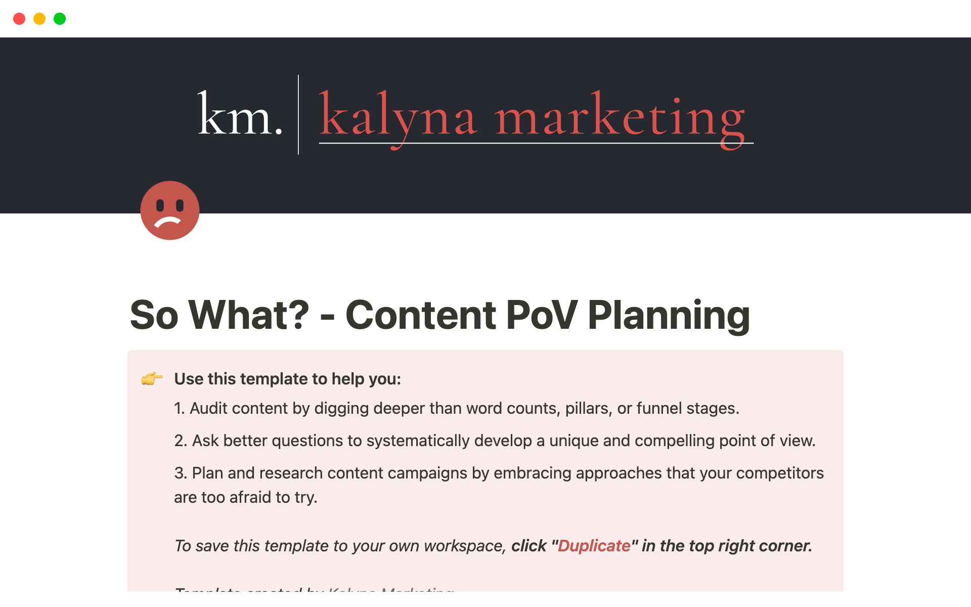 A template preview for So What? - Content PoV Planning
