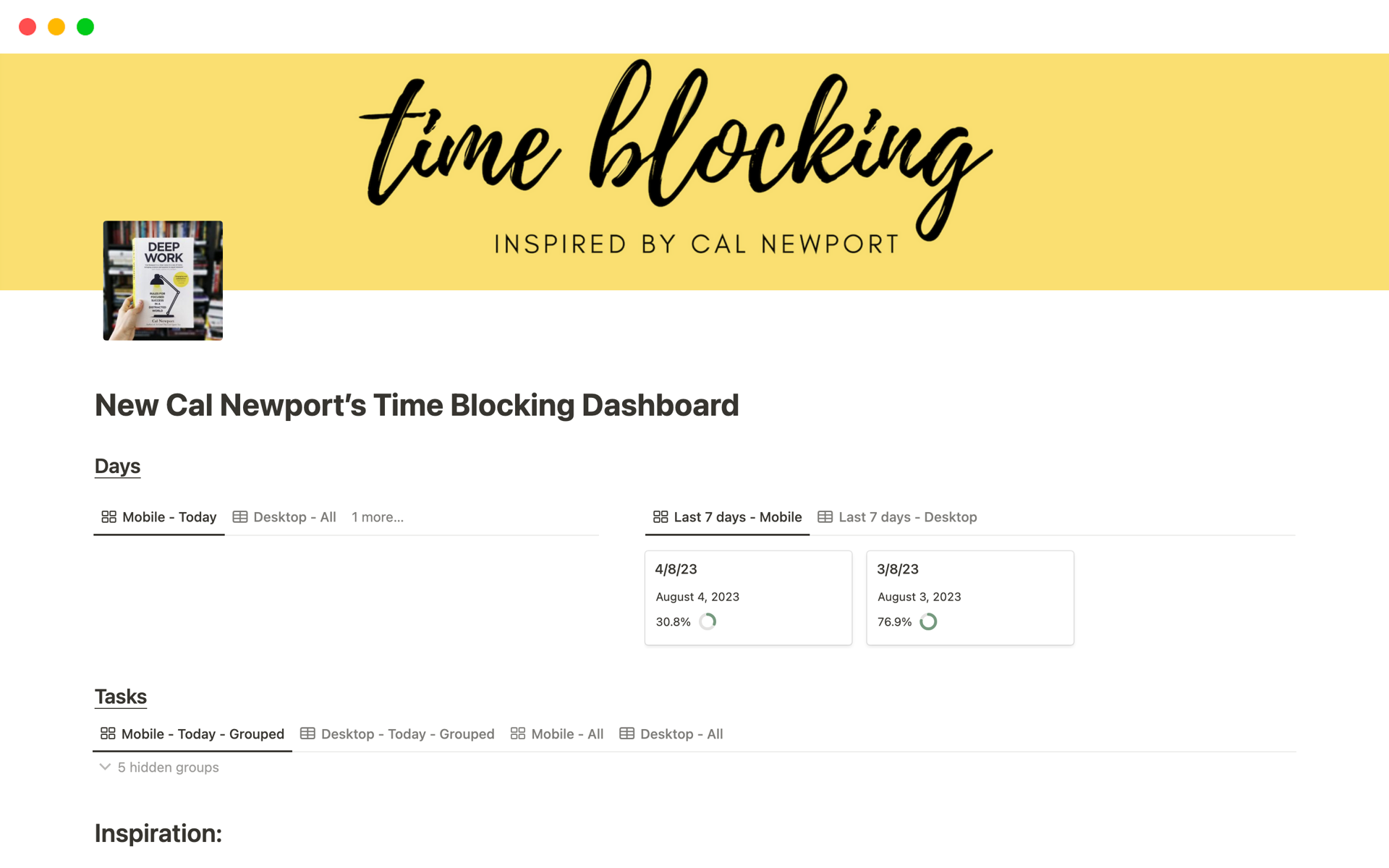 A template preview for New Cal Newport’s Time Blocking Dashboard