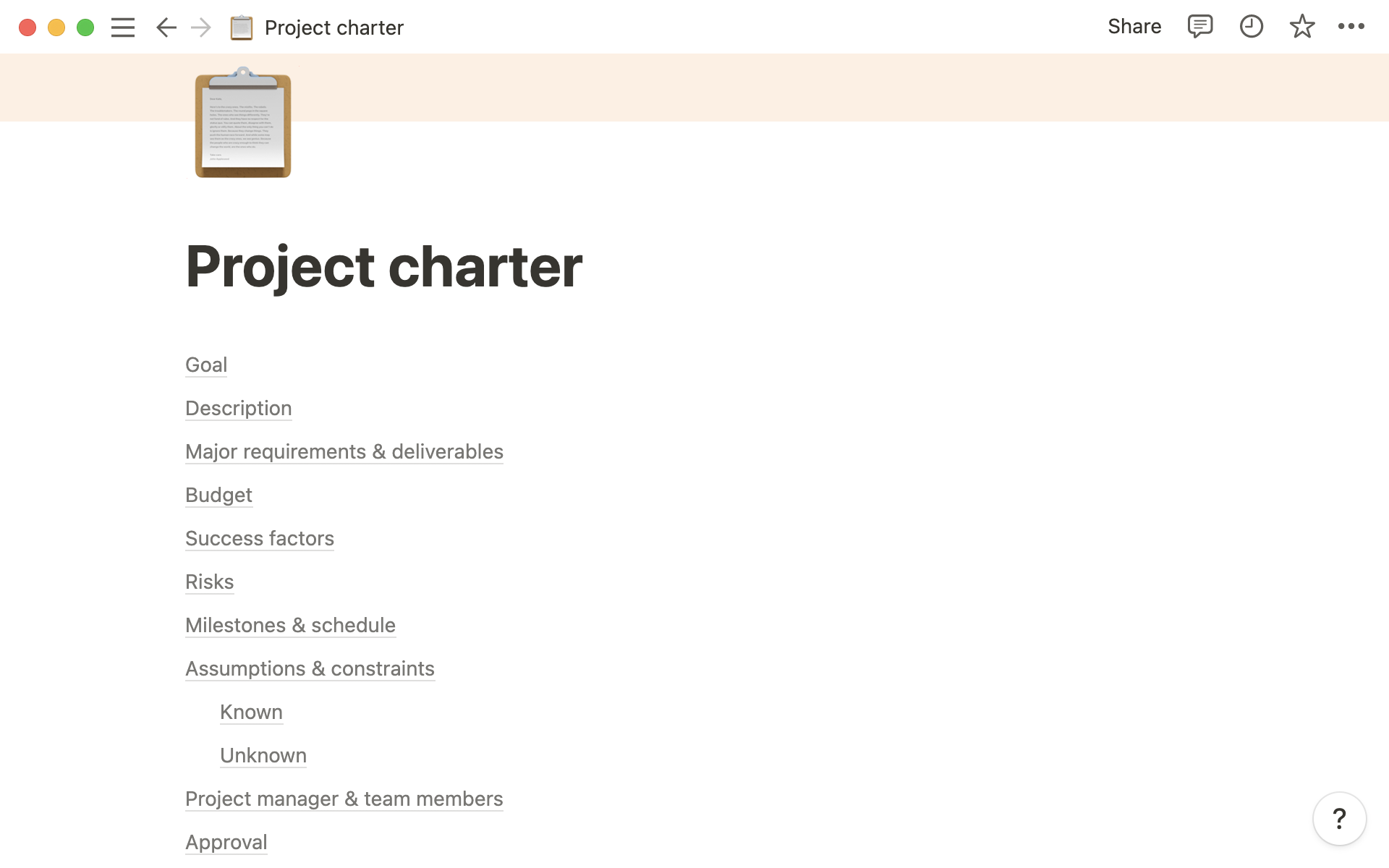 A table of contents you can use to navigate to different sections of your project charter.