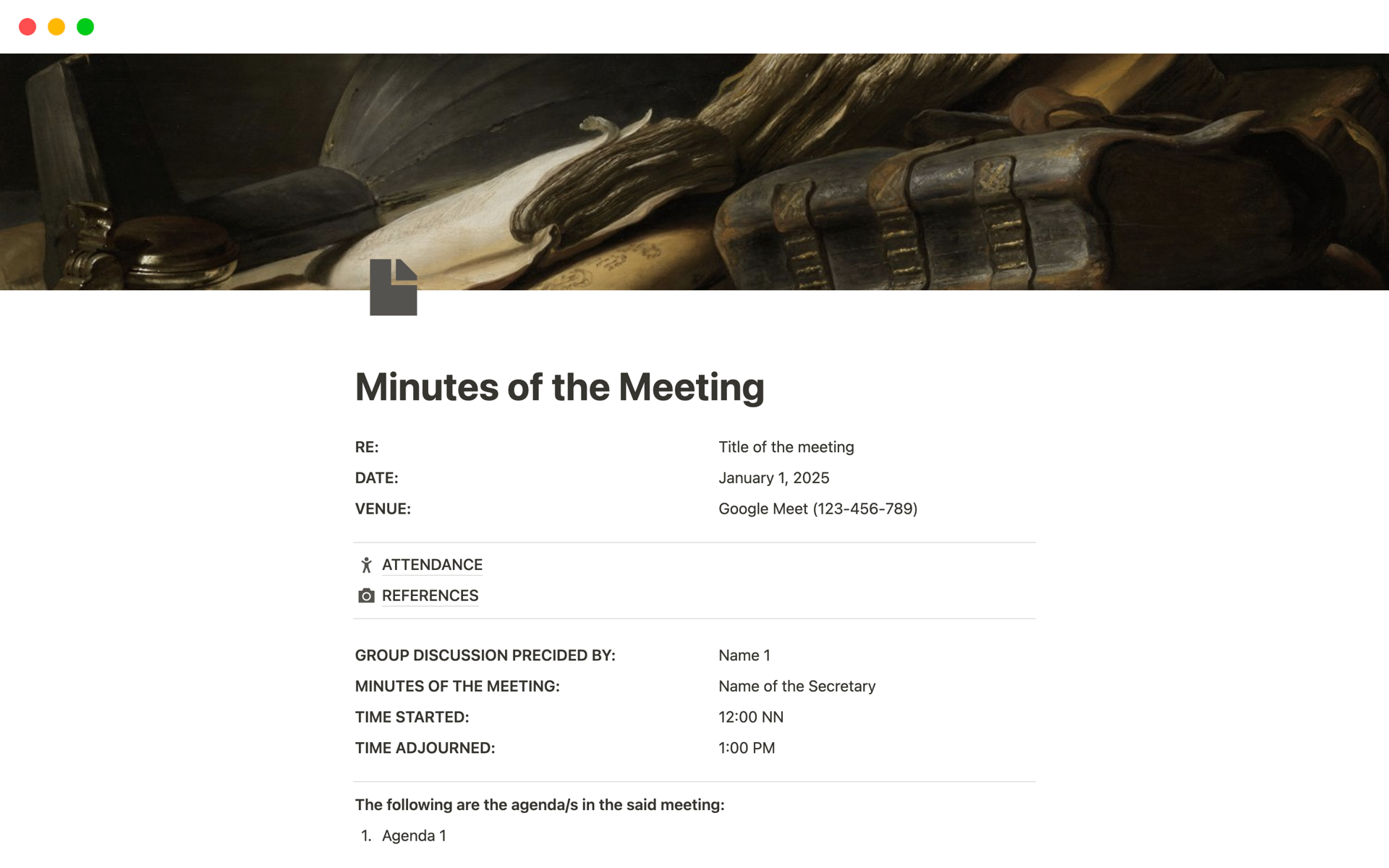 A template preview for Minutes of the Meeting