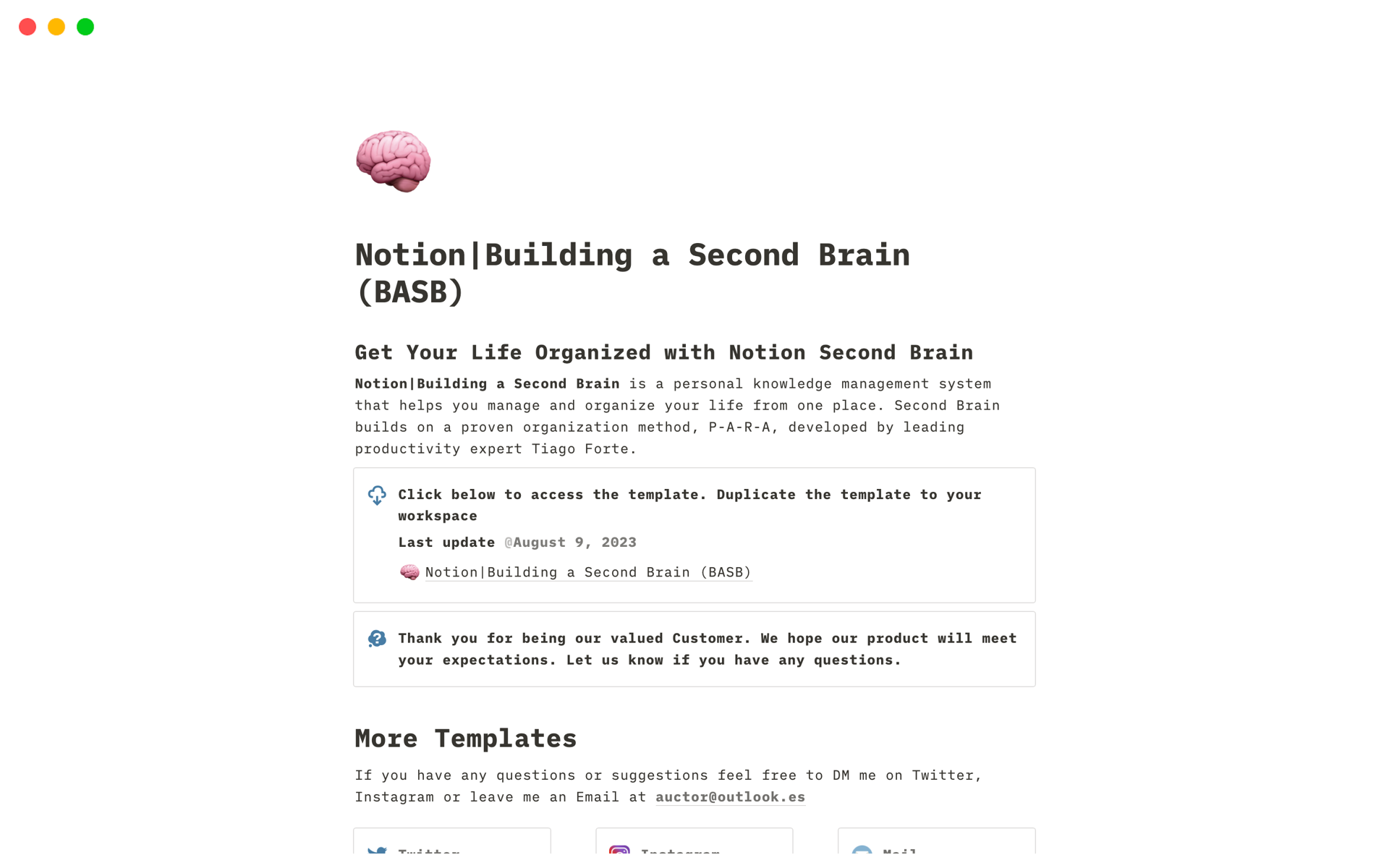 A template preview for Notion|Building a Second Brain (BASB)